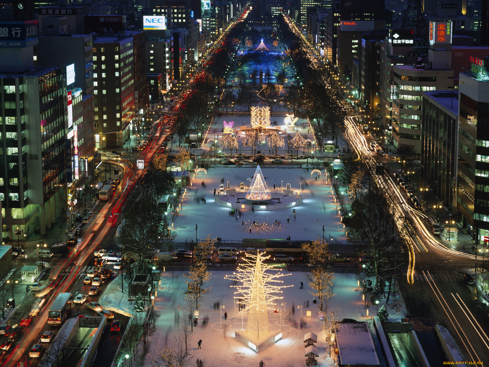 города, огни, ночного, sapporo, hokkaido, japan