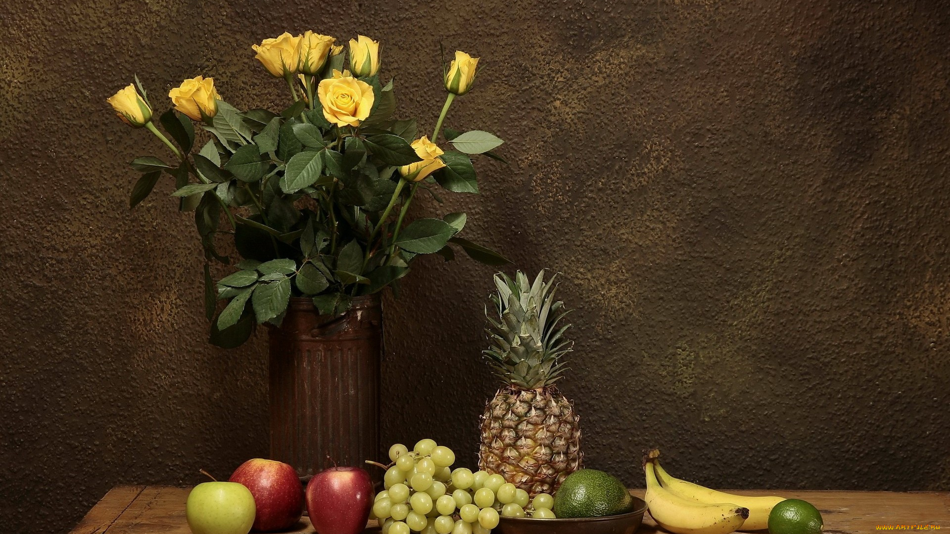 еда, натюрморт, розы, ананас, бананы, яблоки, лайм, манго, виноград