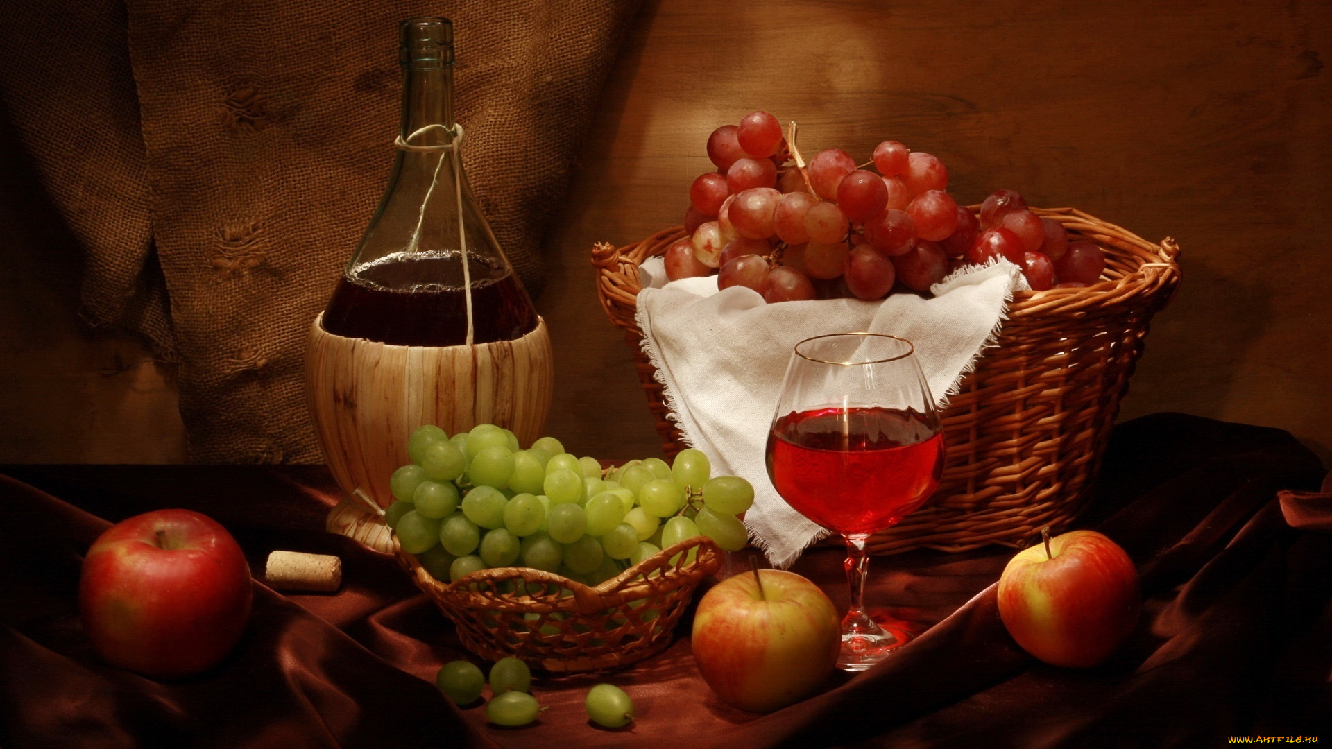 еда, натюрморт, вино, яблоки, виноград, бокал, корзинка, бутылка