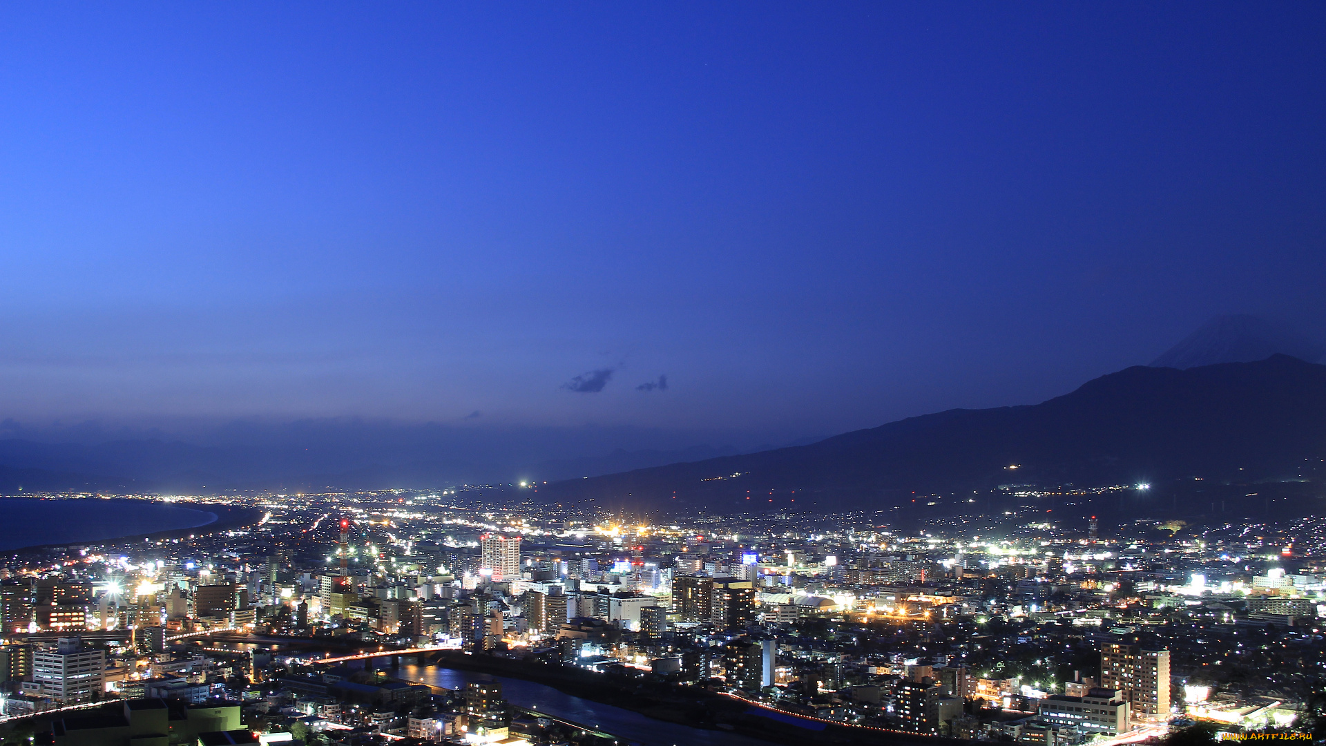 города, огни, ночного, вечер, мосты, залив, дома, numazu, japan