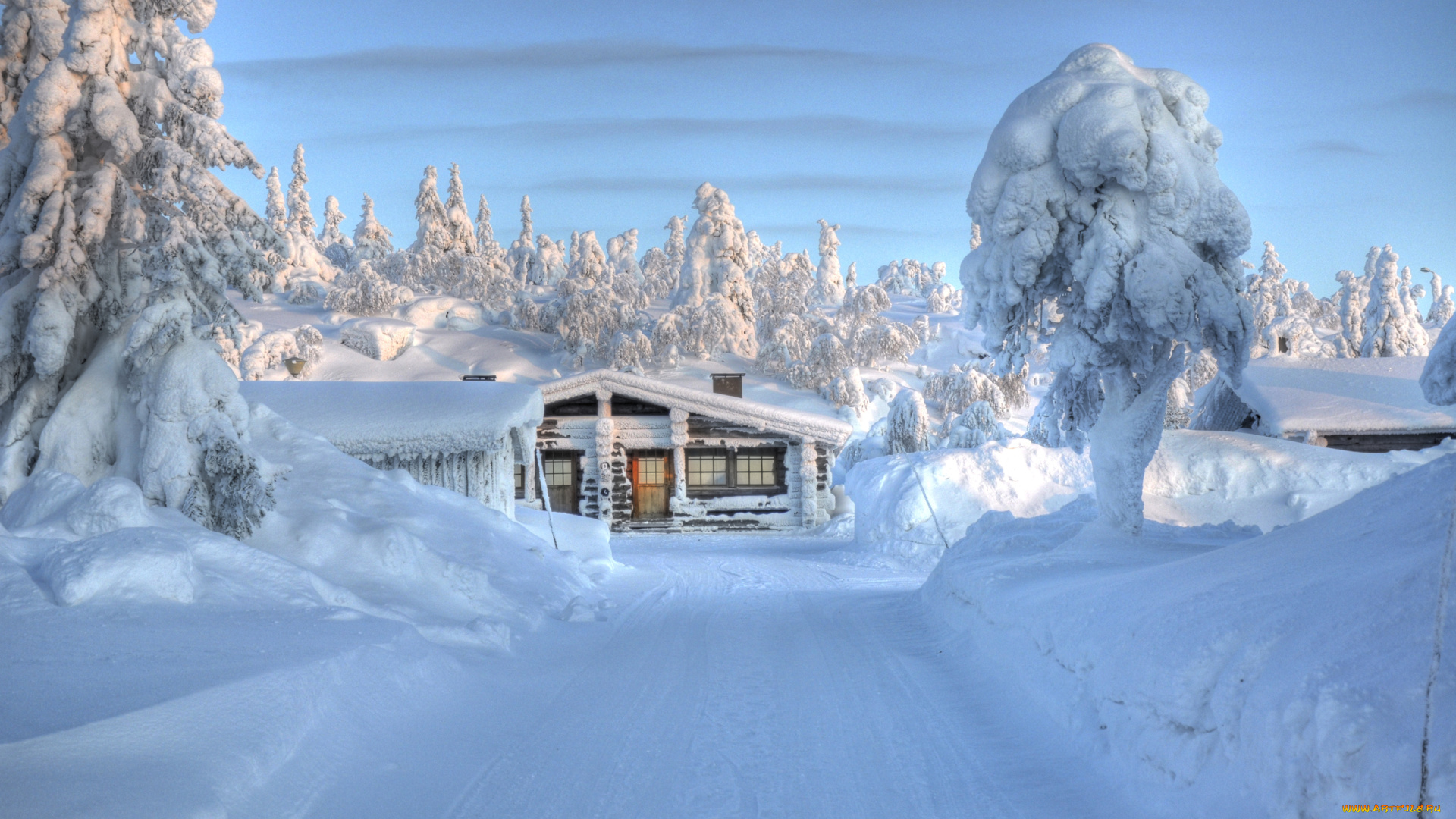 природа, зима, деревья, дорога, снег, домик