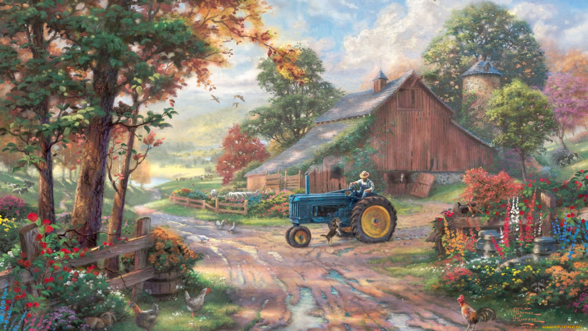 thomas, kinkade, рисованные, деревня, дорога, трактор