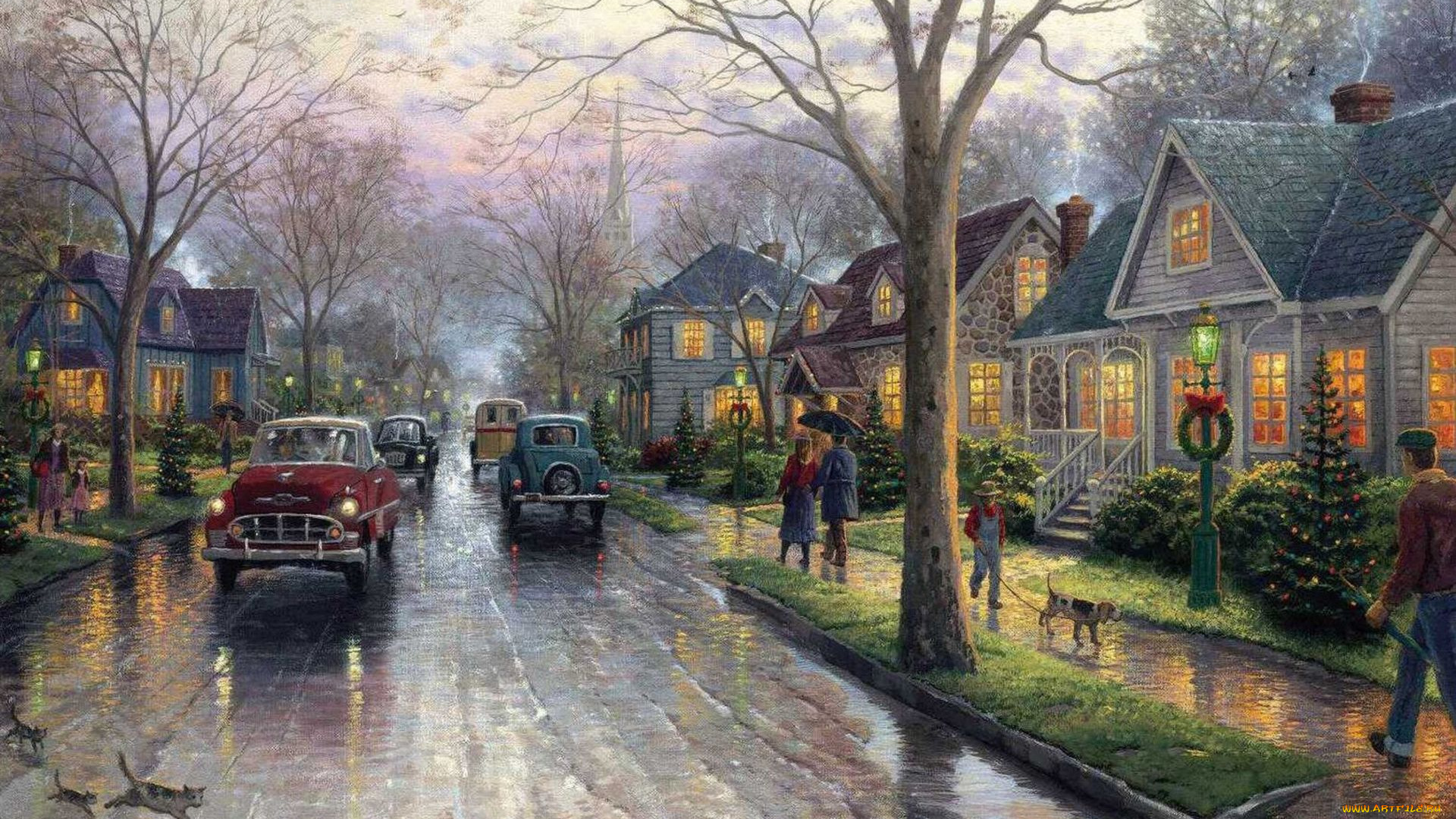 thomas, kinkade, рисованные, город, авто, дорога