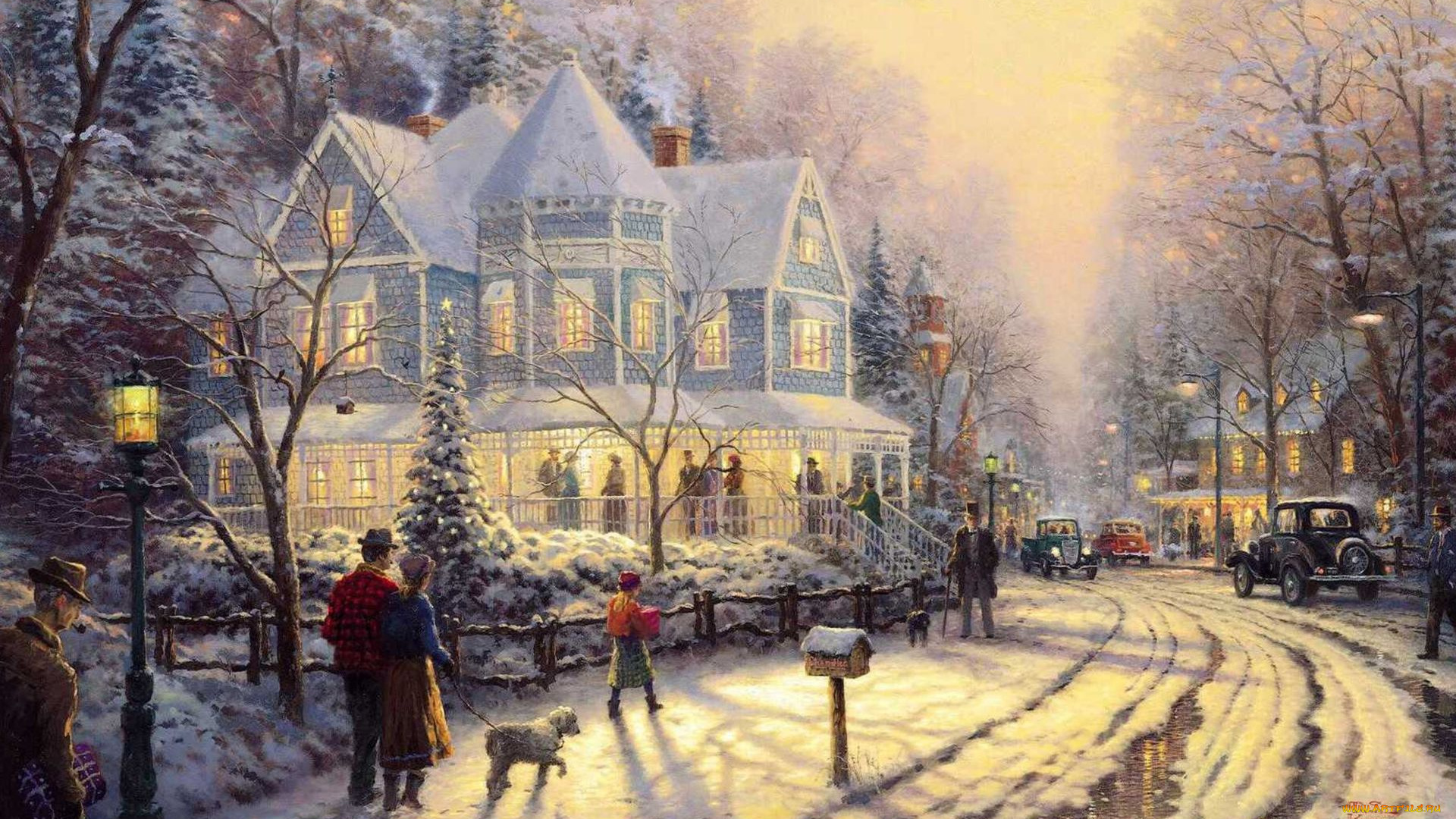 thomas, kinkade, рисованные, город, зима, дорога, дома, люди, деревья