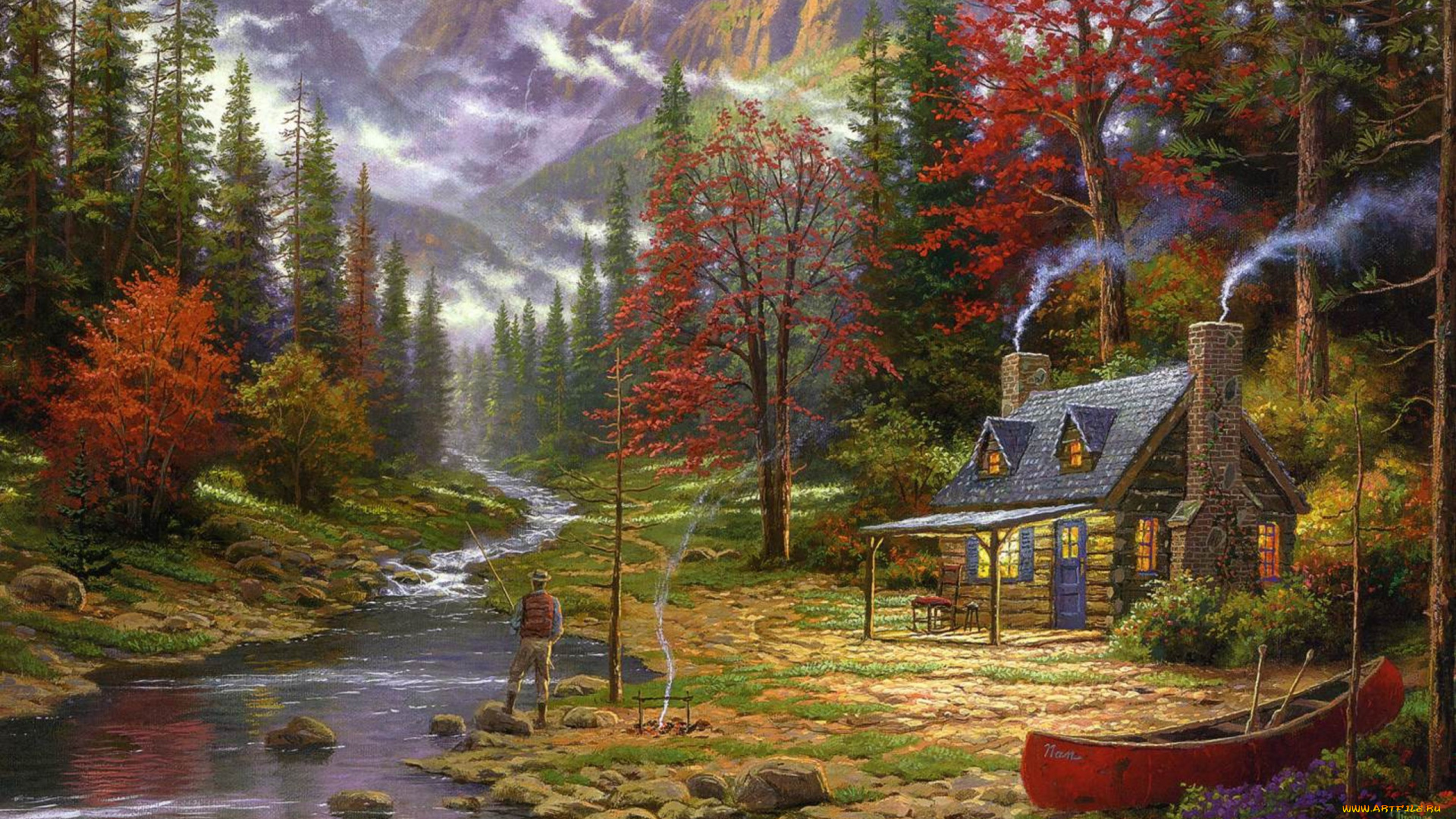 thomas, kinkade, рисованные, пейзаж, дом, горы, река, лодка, деревья, рыбак