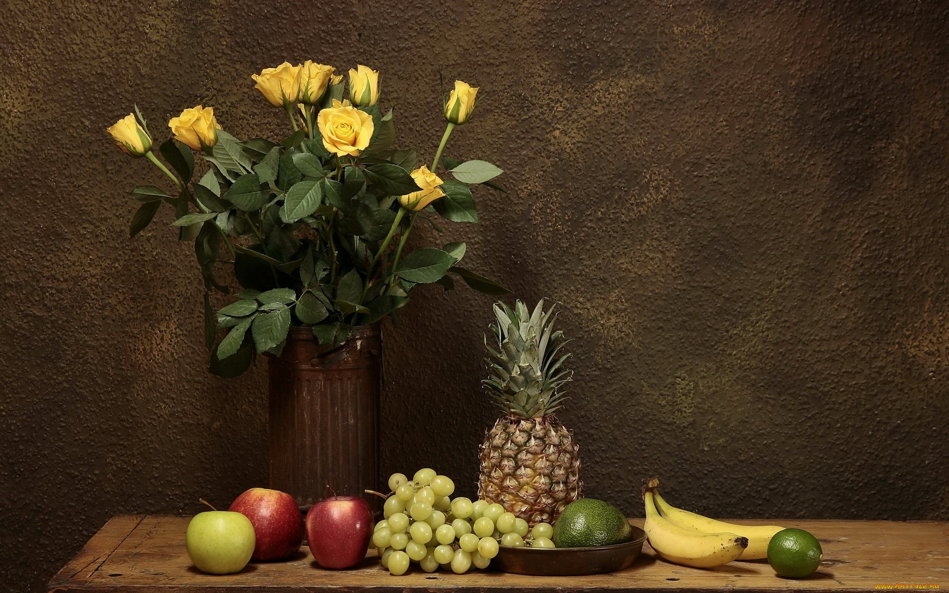 еда, натюрморт, розы, ананас, бананы, яблоки, лайм, манго, виноград