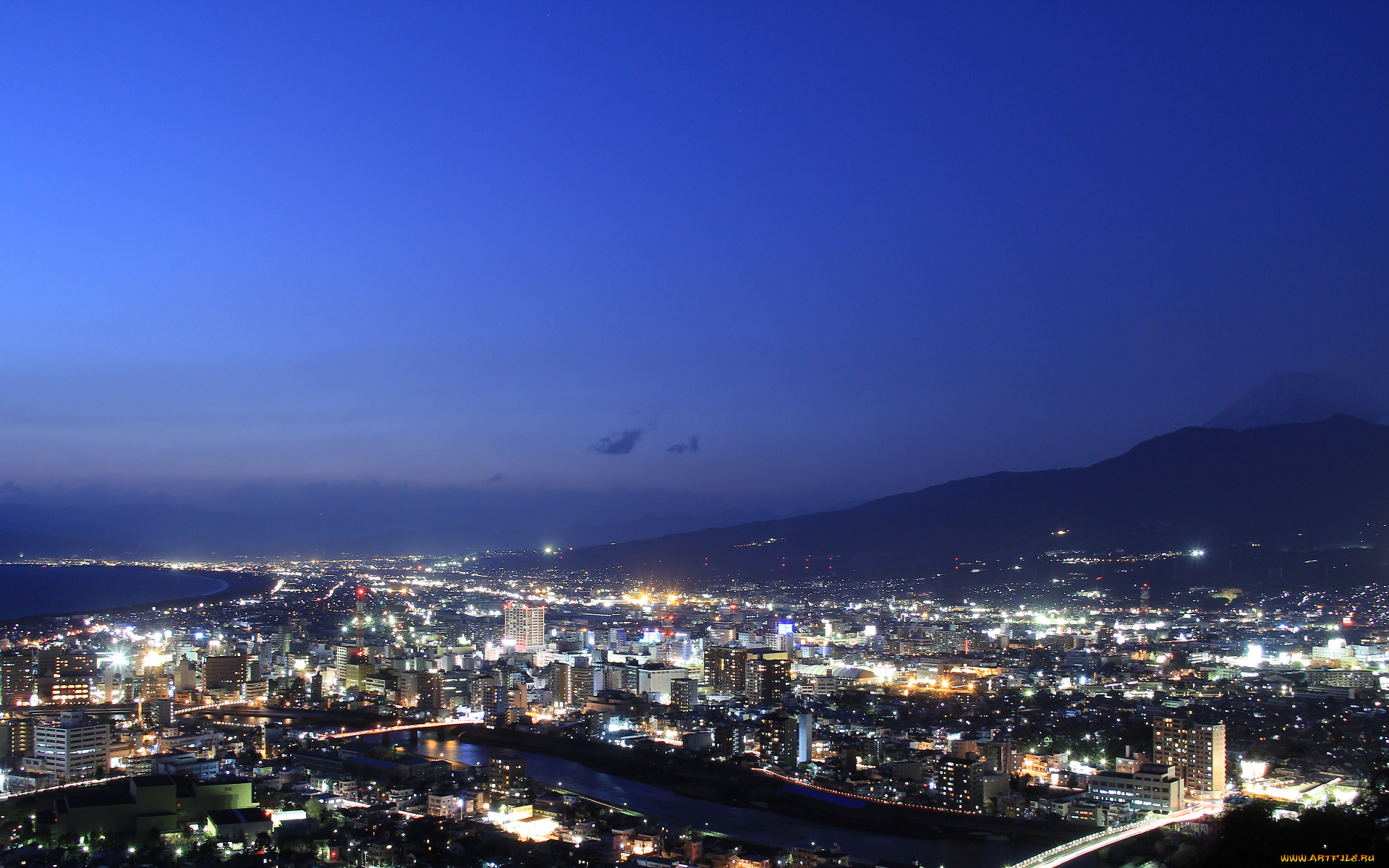 города, огни, ночного, вечер, мосты, залив, дома, numazu, japan