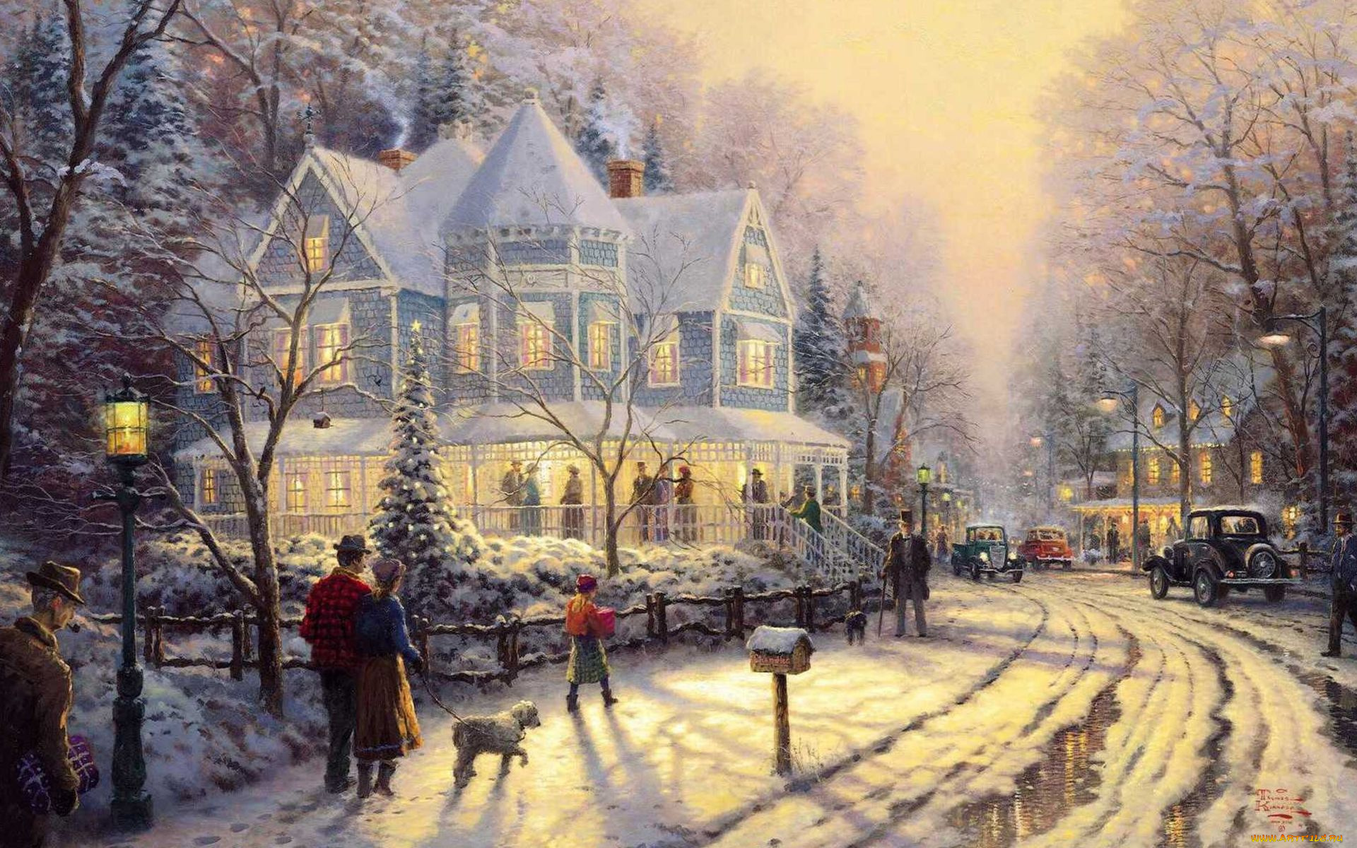 thomas, kinkade, рисованные, город, зима, дорога, дома, люди, деревья