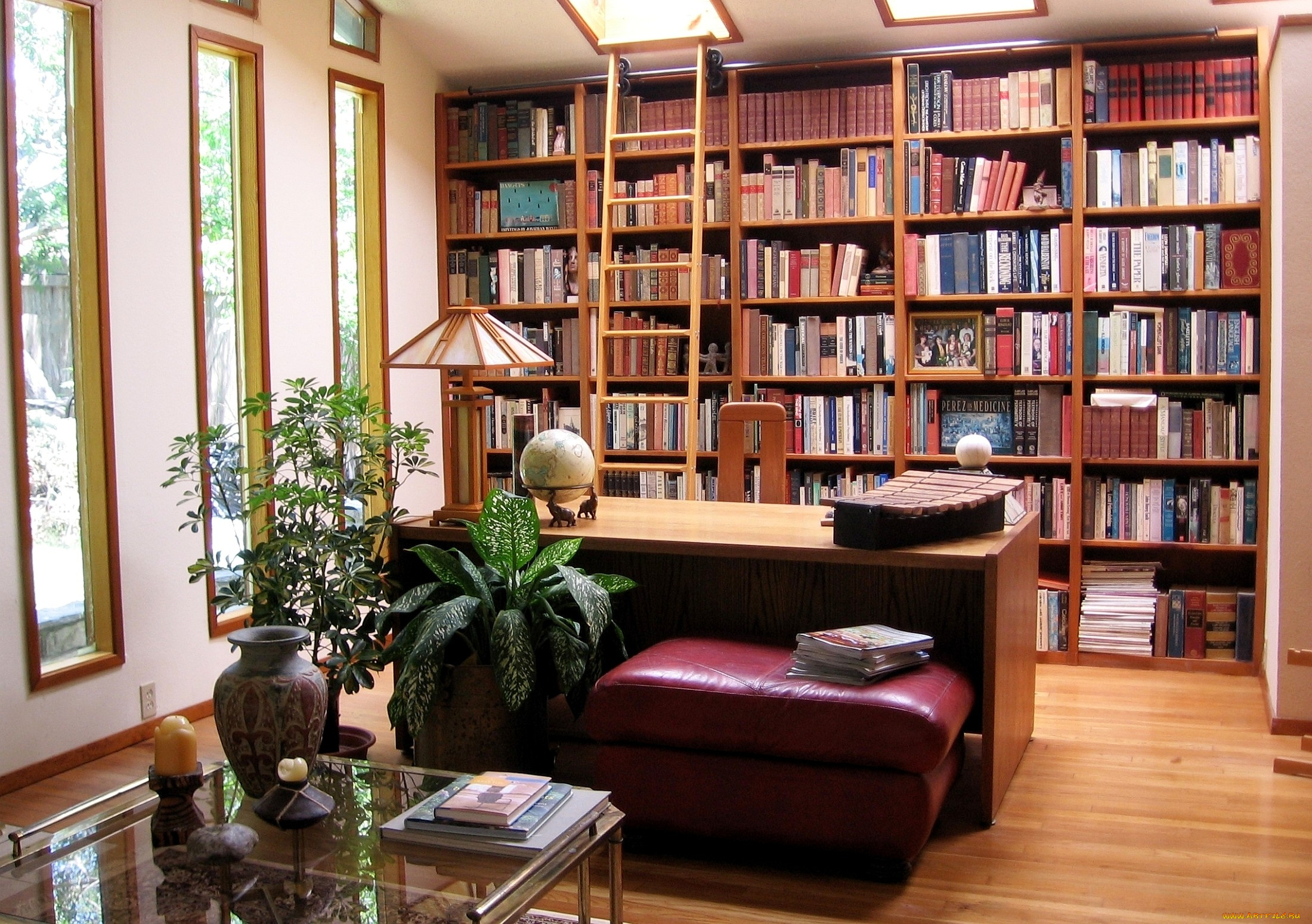 интерьер, кабинет, библиотека, офис, стеллаж, книги, стол, кресло, вазоны