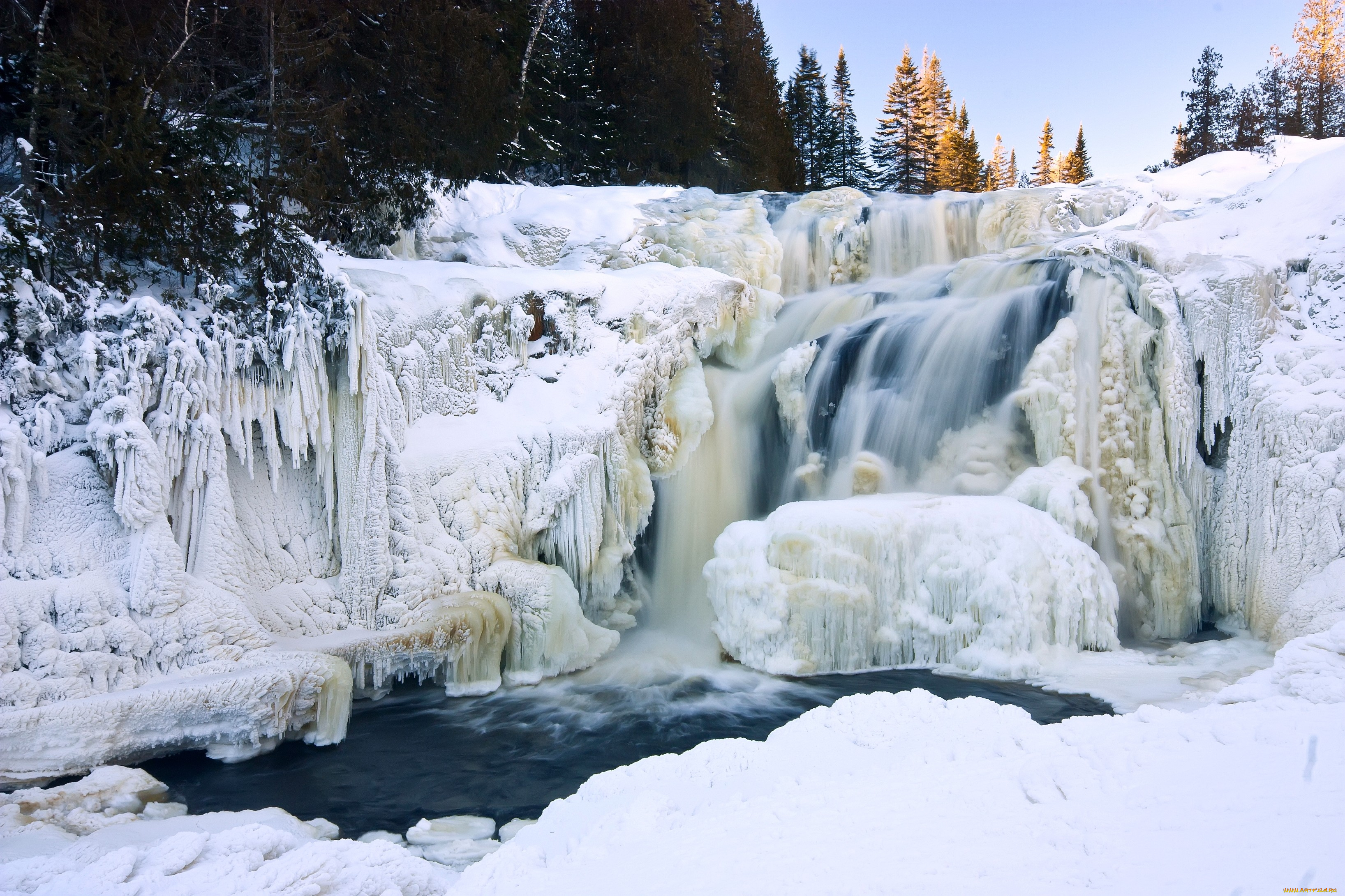 природа, водопады, снег, течение, лед