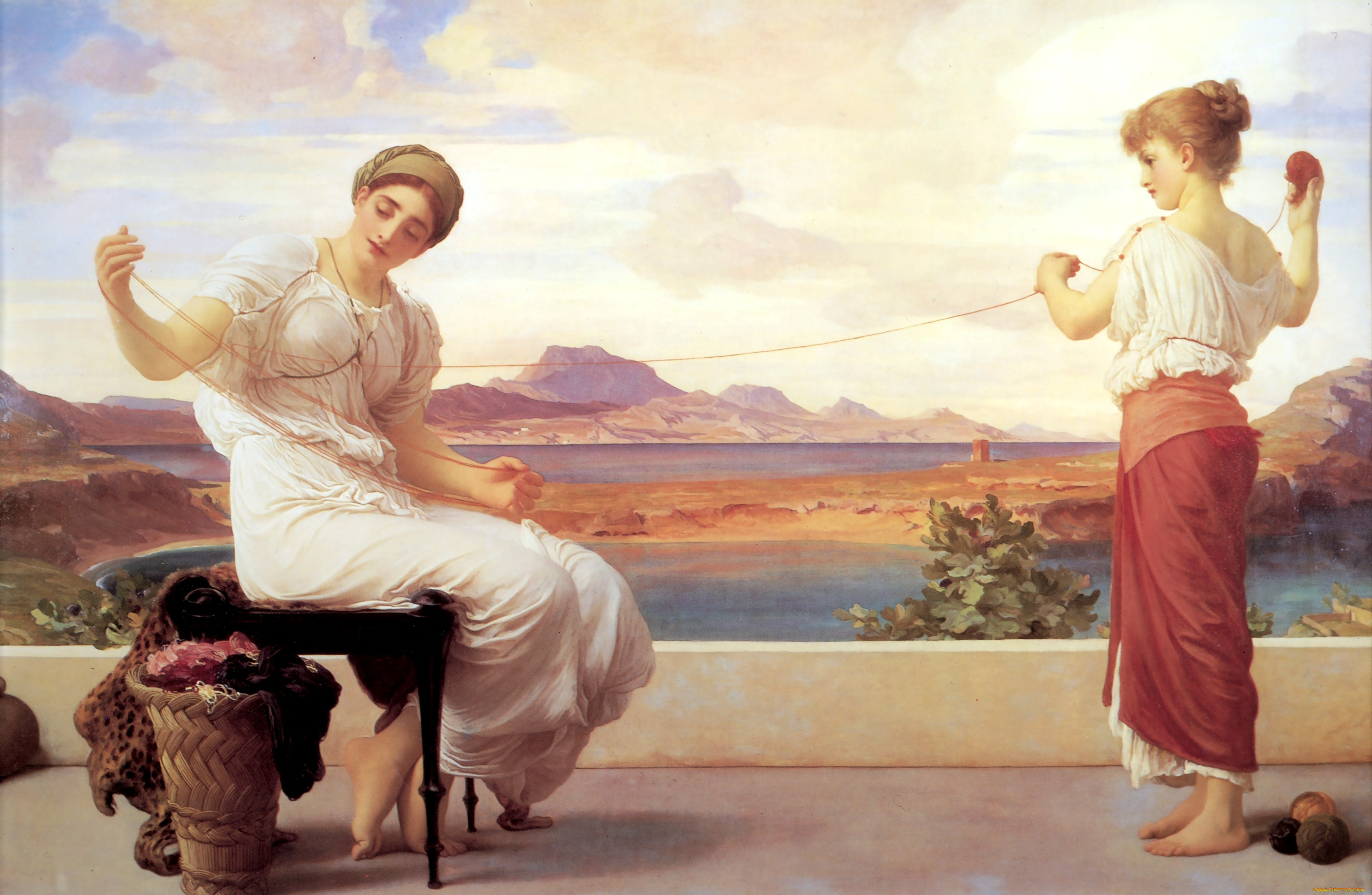 лорд, фредерик, лейтон, мотание, пряжи, рисованные, frederick, leighton, пейзаж, женщина, девочка, пряжа, нитки