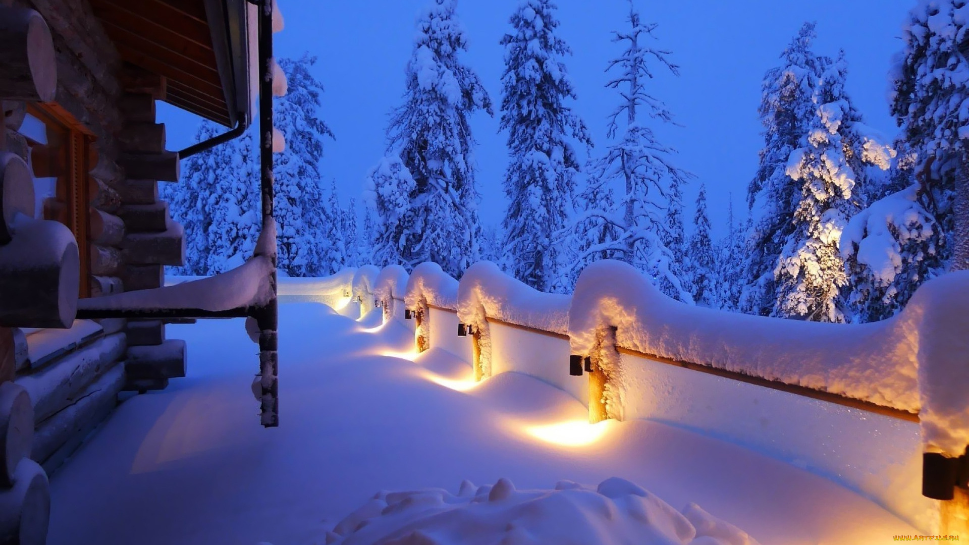 природа, зима, фонарики, ограда, ночь, снег, сугробы, домик