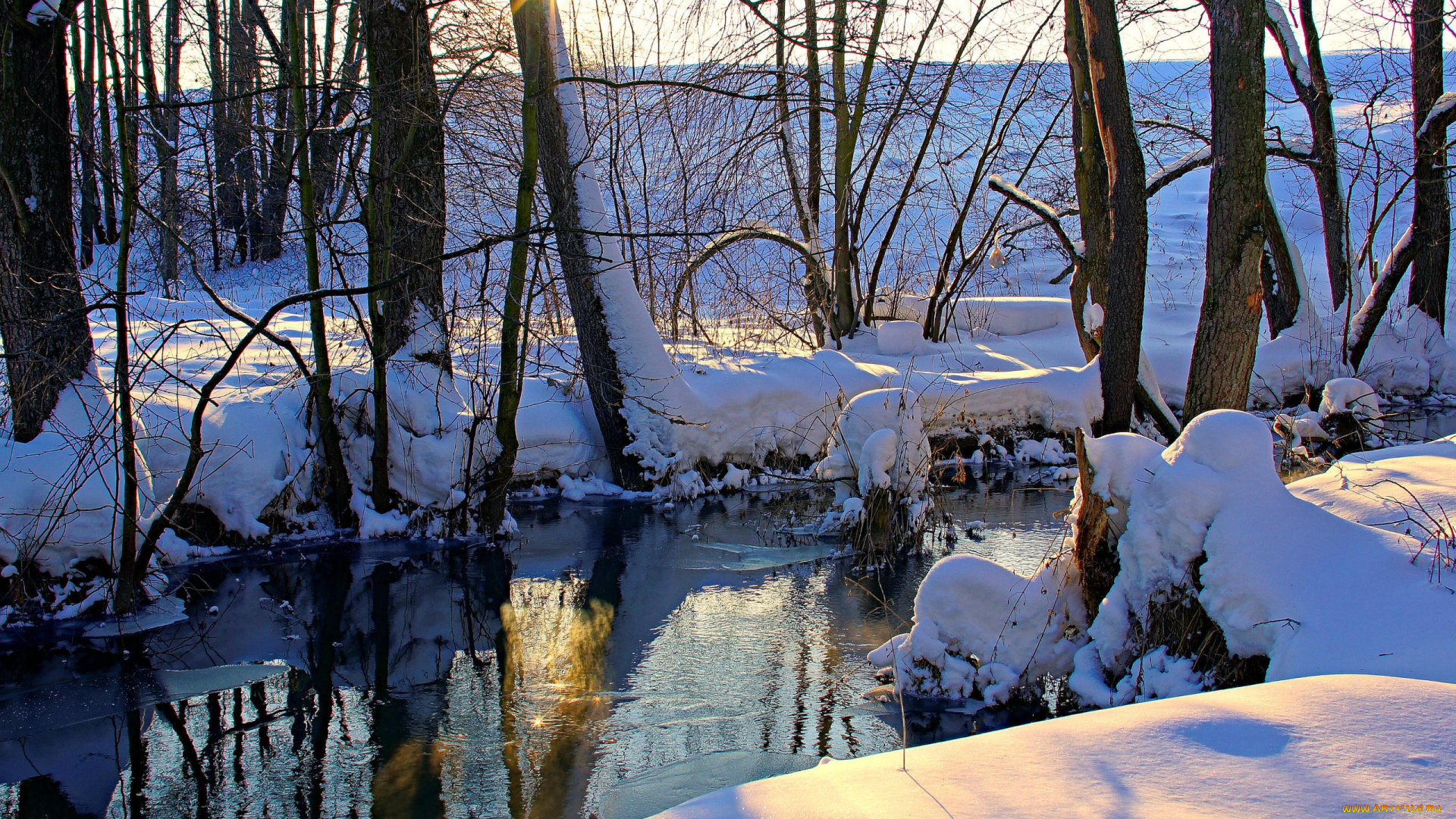 природа, реки, озера, деревья, снег, река