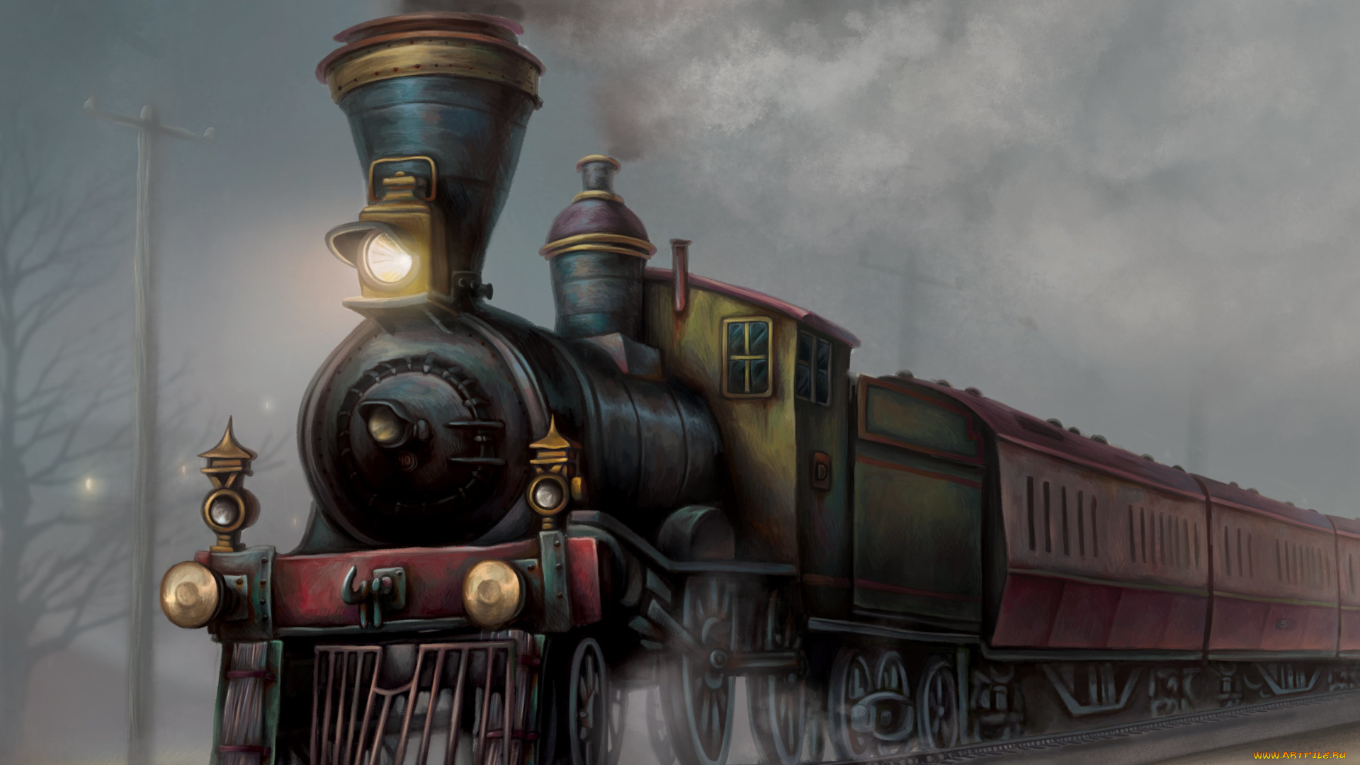 рисованное, -, другое, рельсы, дым, арт, поезд