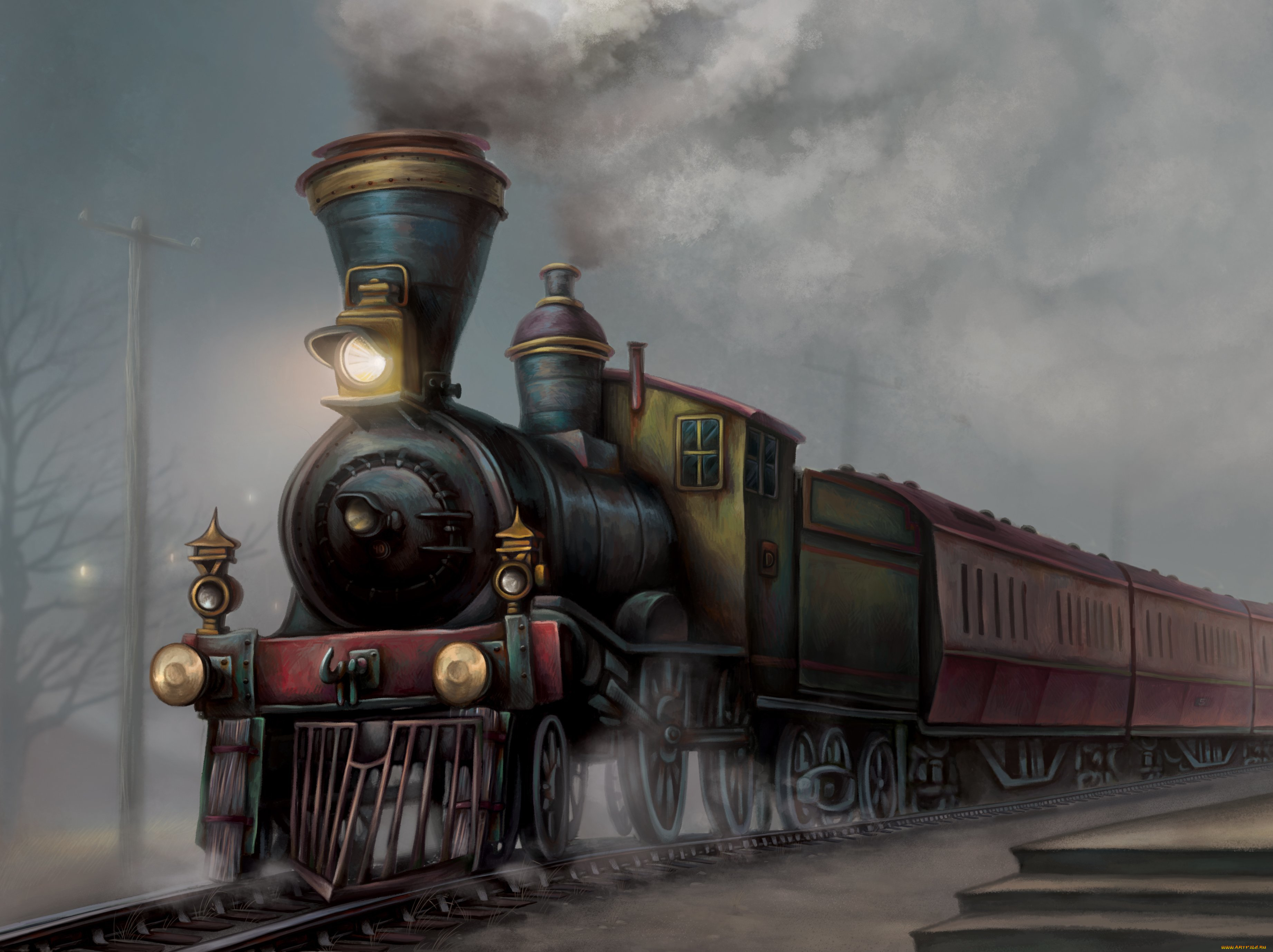рисованное, -, другое, рельсы, дым, арт, поезд
