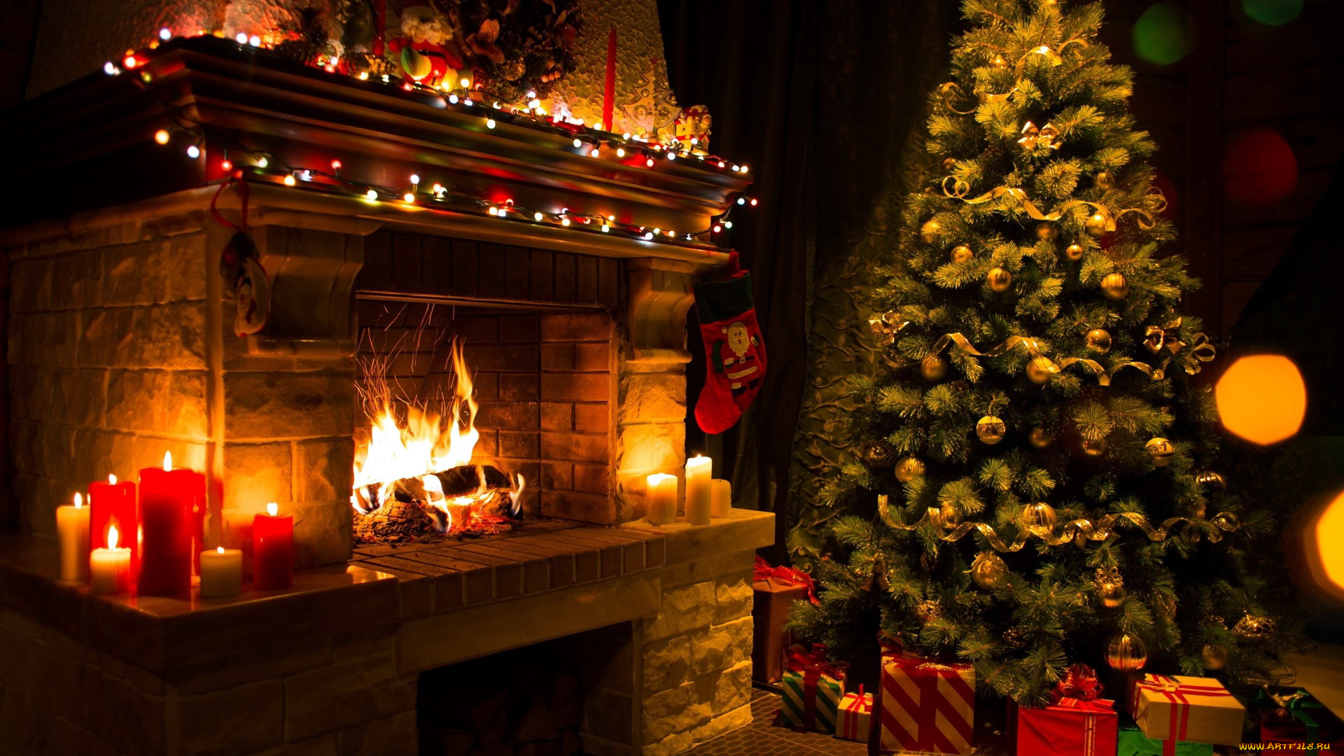 праздничные, новогодний, очаг, подарки, елка, огонь, свечи