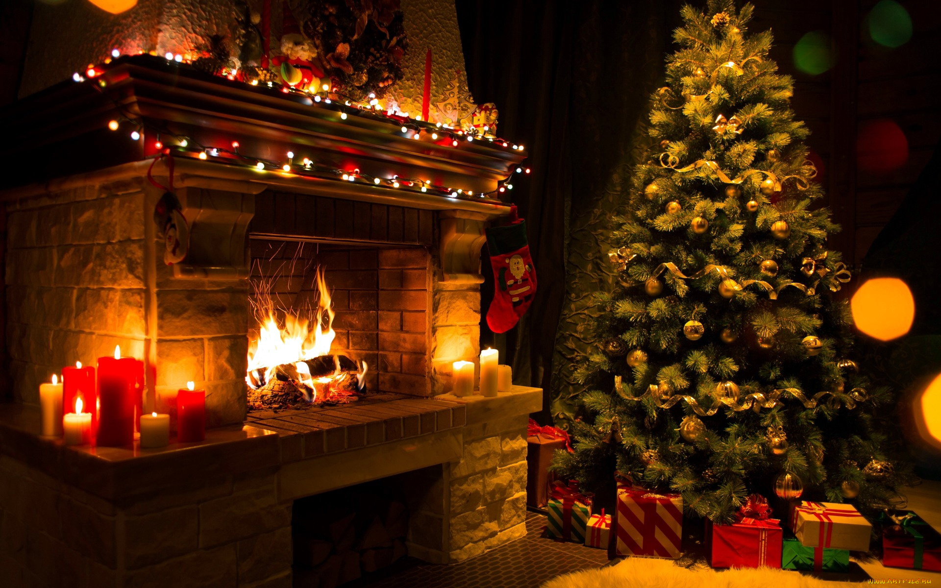 праздничные, новогодний, очаг, подарки, елка, огонь, свечи