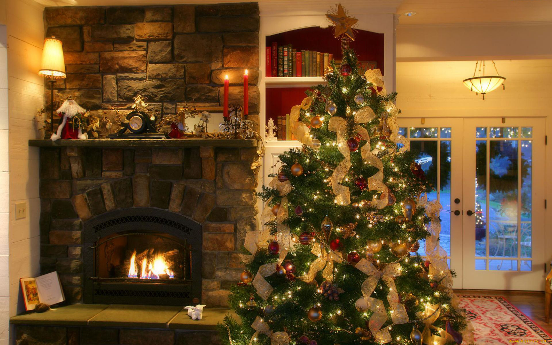 праздничные, новогодний, очаг, свечи, елка, камин