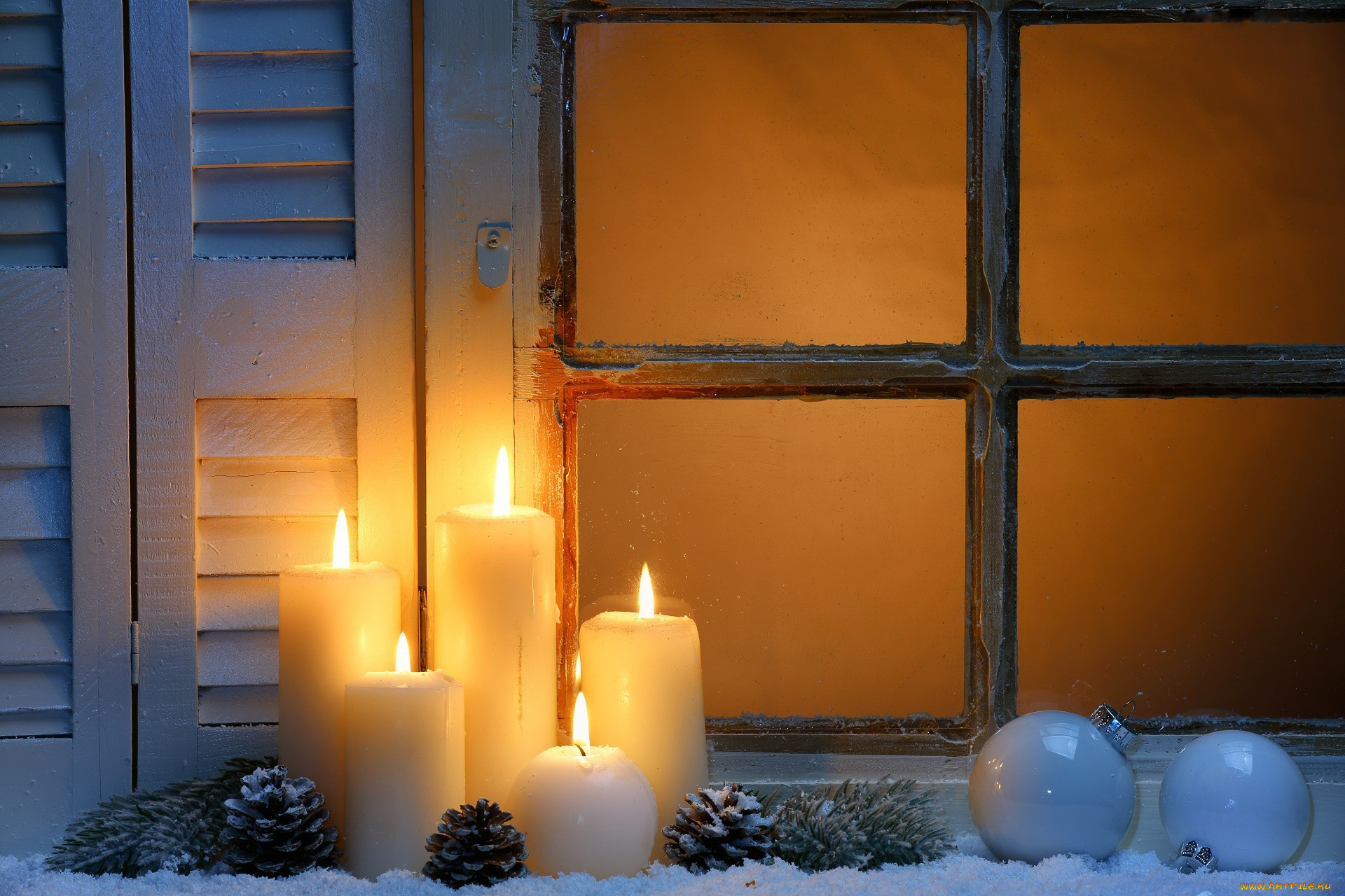 праздничные, новогодние, свечи, огоньки, шишки, свечи, окно, шарики