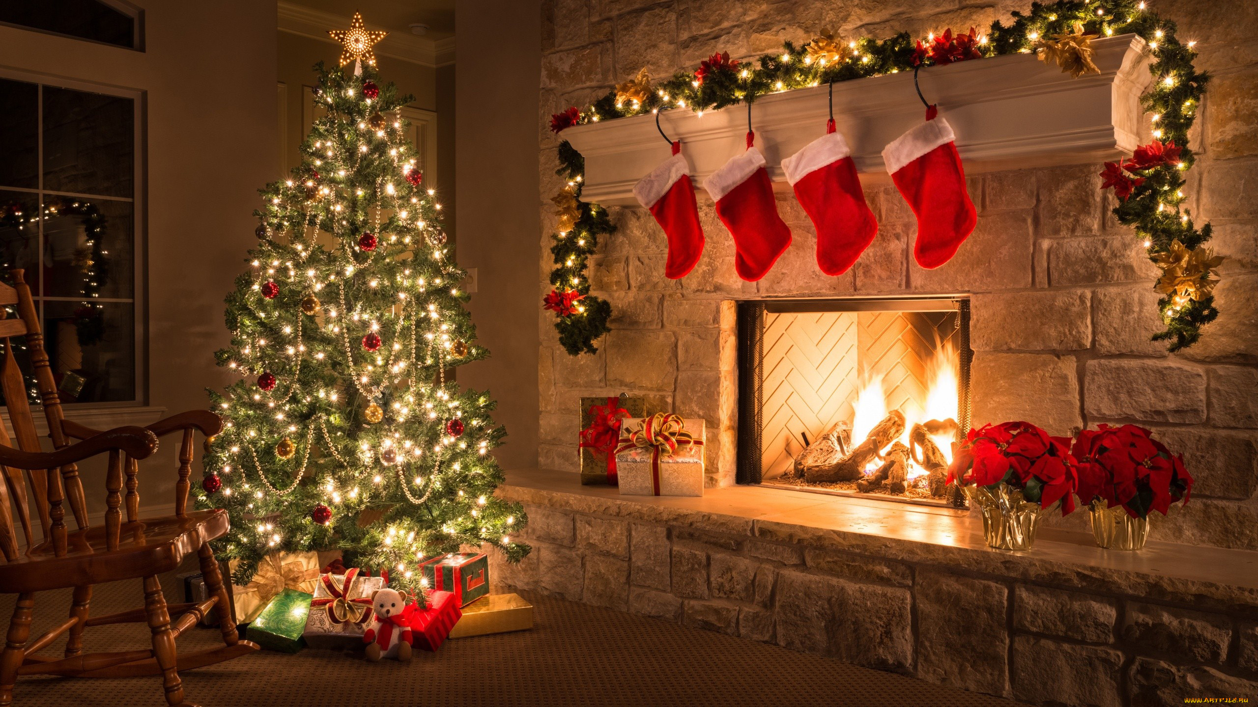 праздничные, новогодний, очаг, гирлянды, камин, елка
