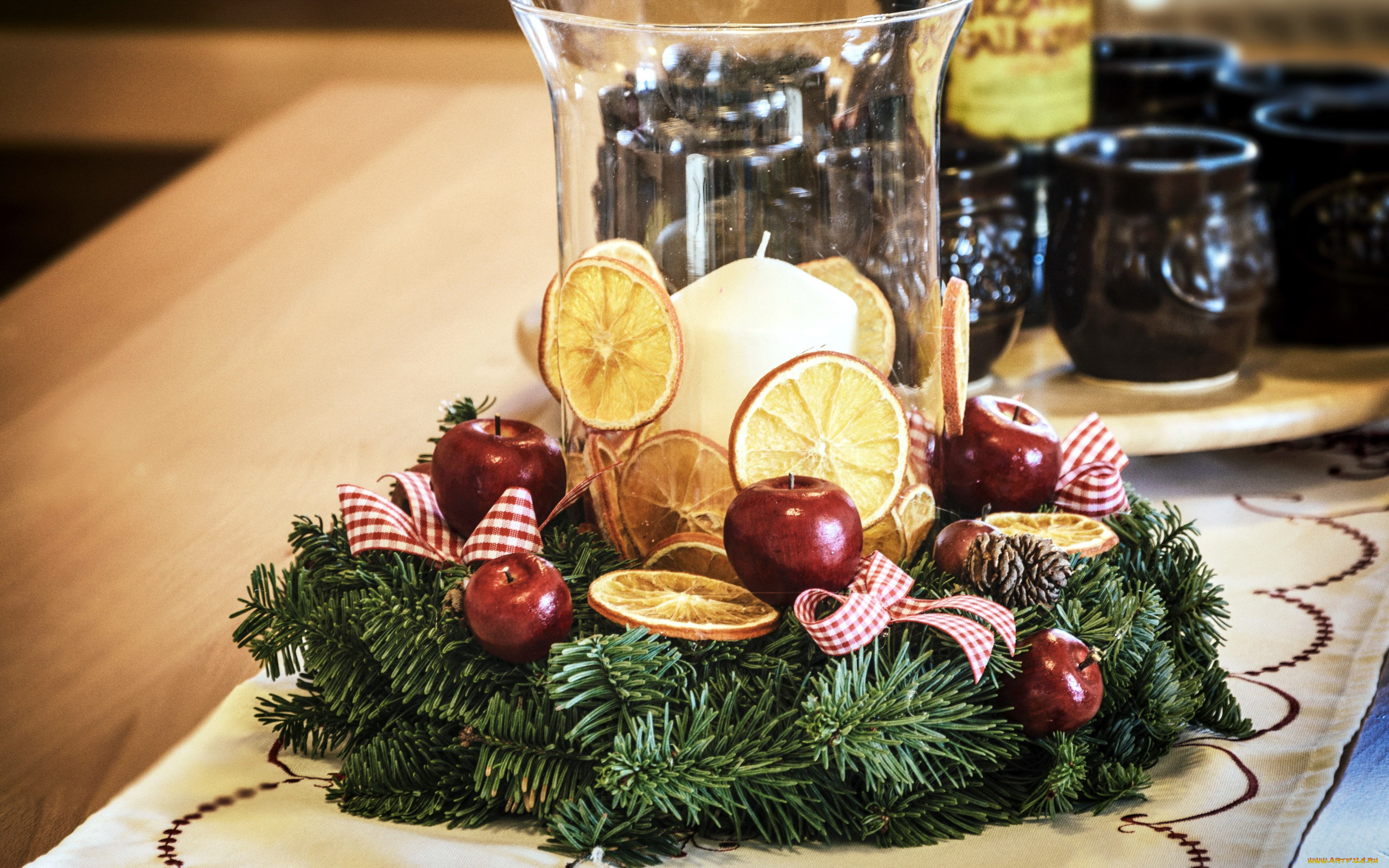 праздничные, украшения, апельсины, венок, рождественский, свеча, яблоки