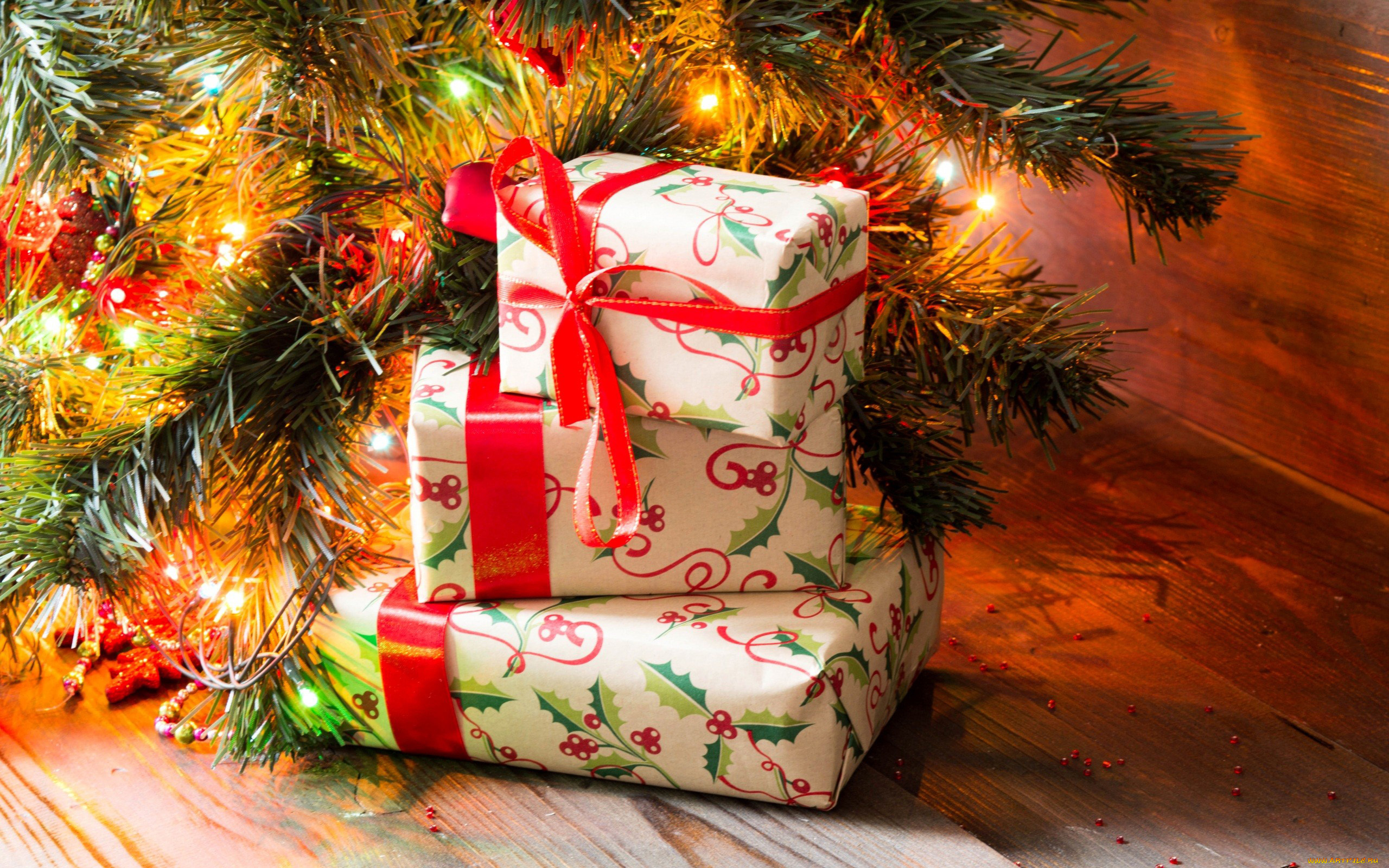 праздничные, подарки, и, коробочки, бант, ленты, подарки, мишура, елка
