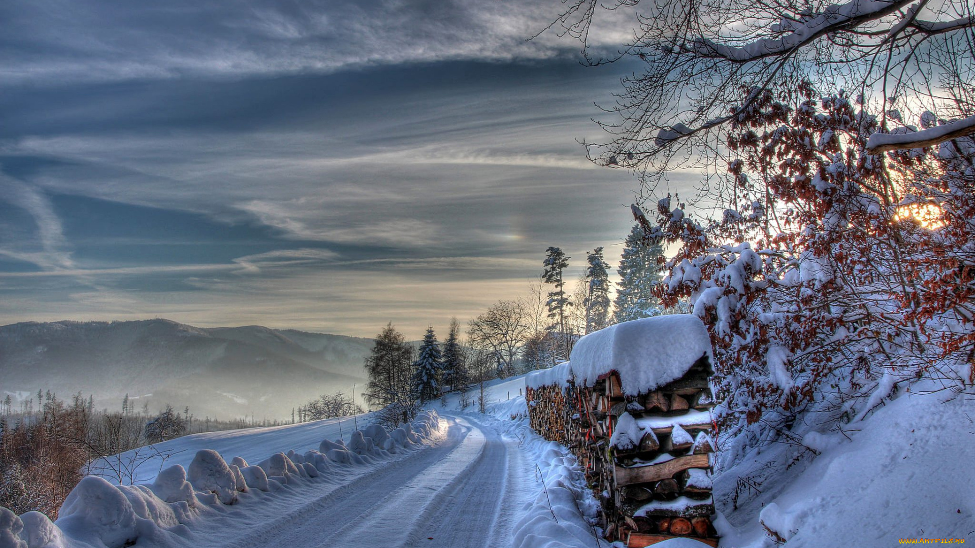 природа, дороги, зима, дрова, снег, дорога