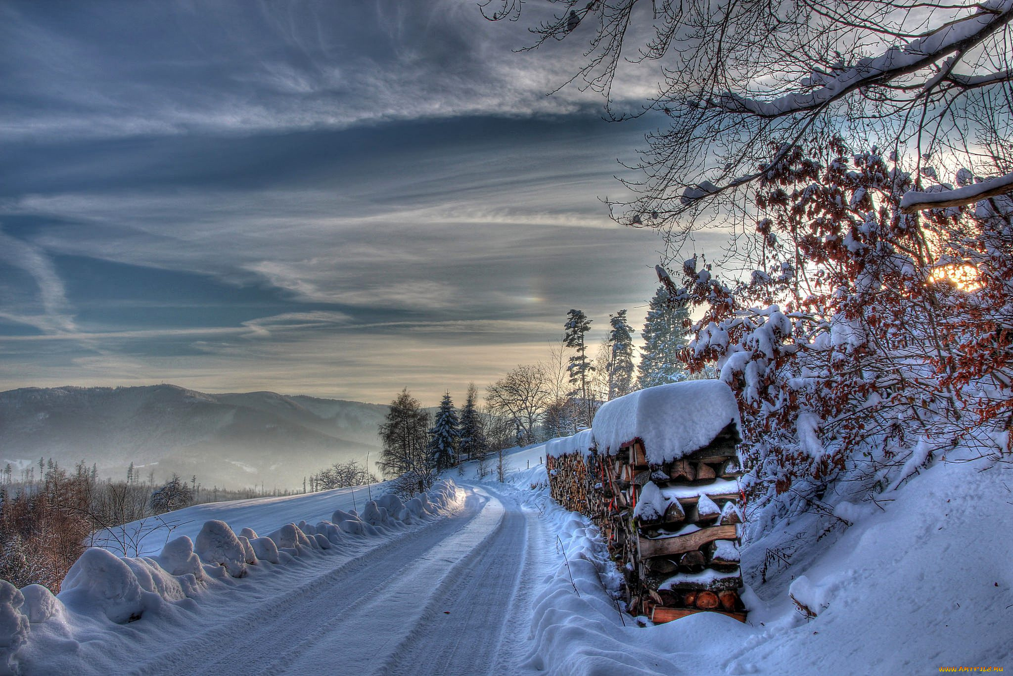 природа, дороги, зима, дрова, снег, дорога