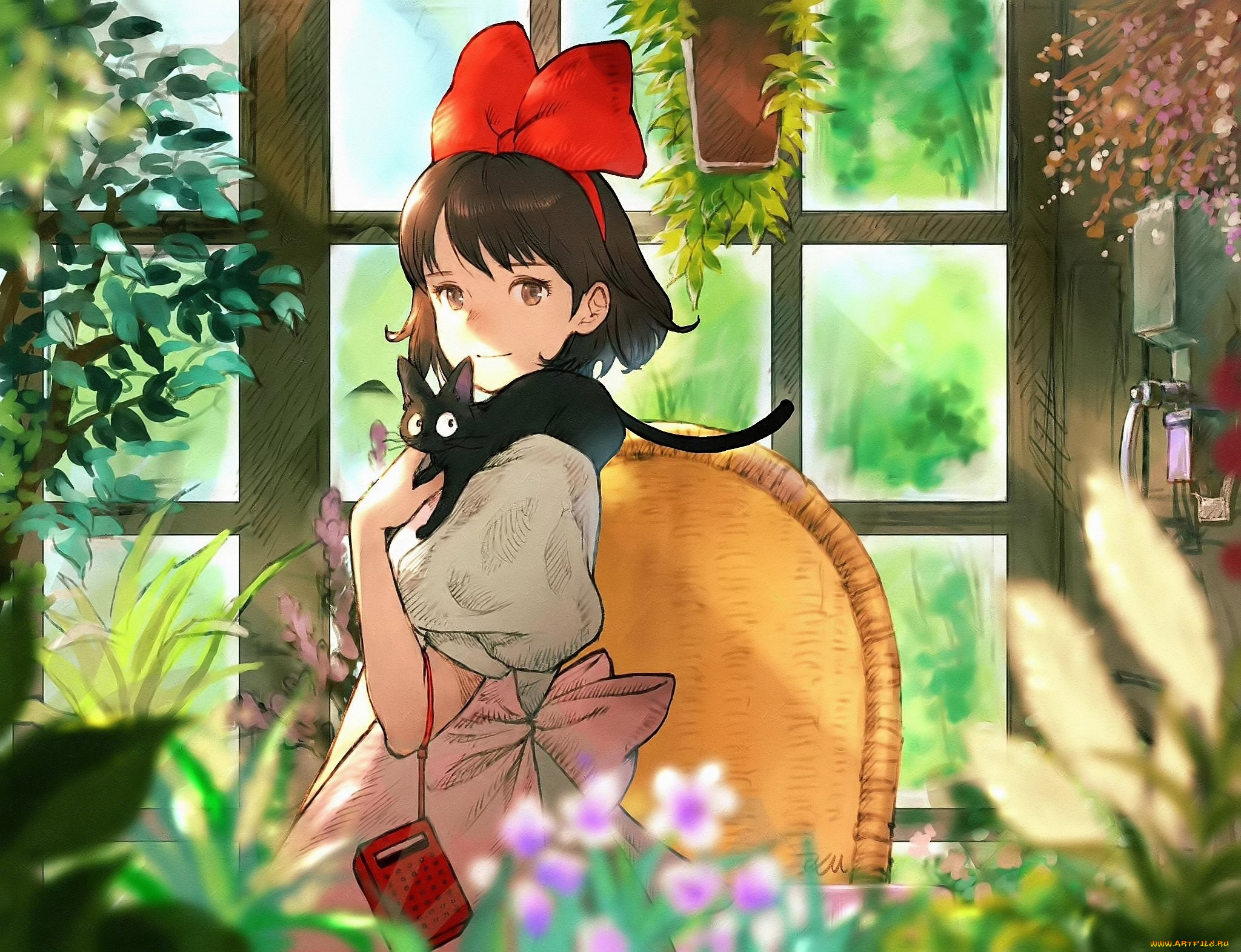 аниме, kiki`s, delivery, service, девушка, кошка, окно, цветы
