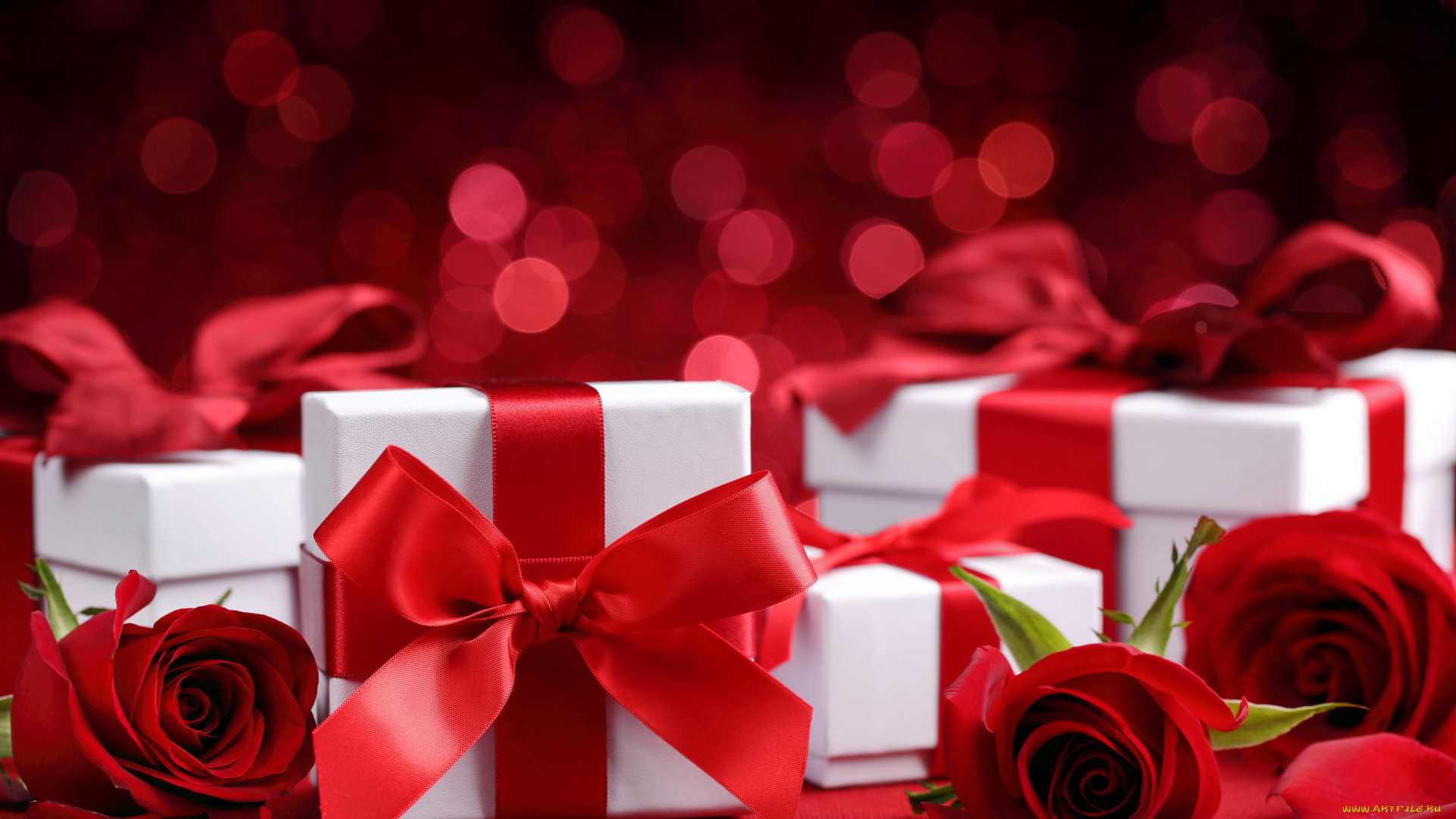 праздничные, подарки, и, коробочки, розы, лепестки, подарки, банты, красный, белый
