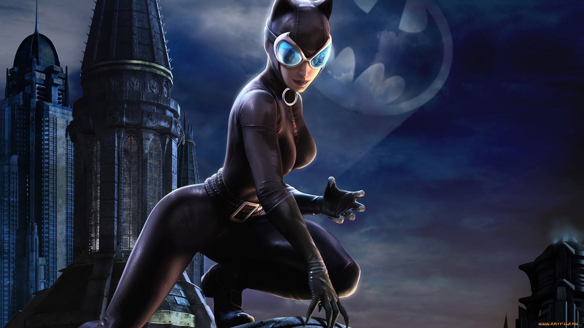 catwoman, рисованное, комиксы, крыша, женщина, кошка, поза