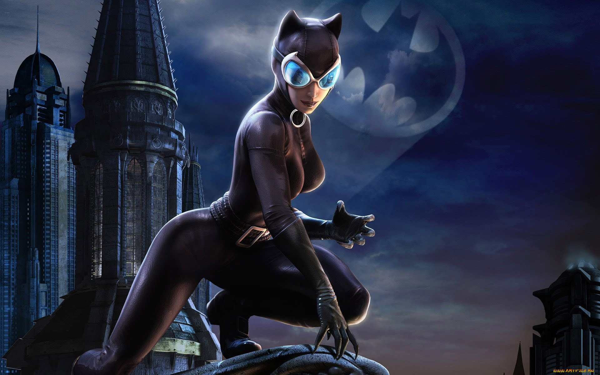 catwoman, рисованное, комиксы, крыша, женщина, кошка, поза