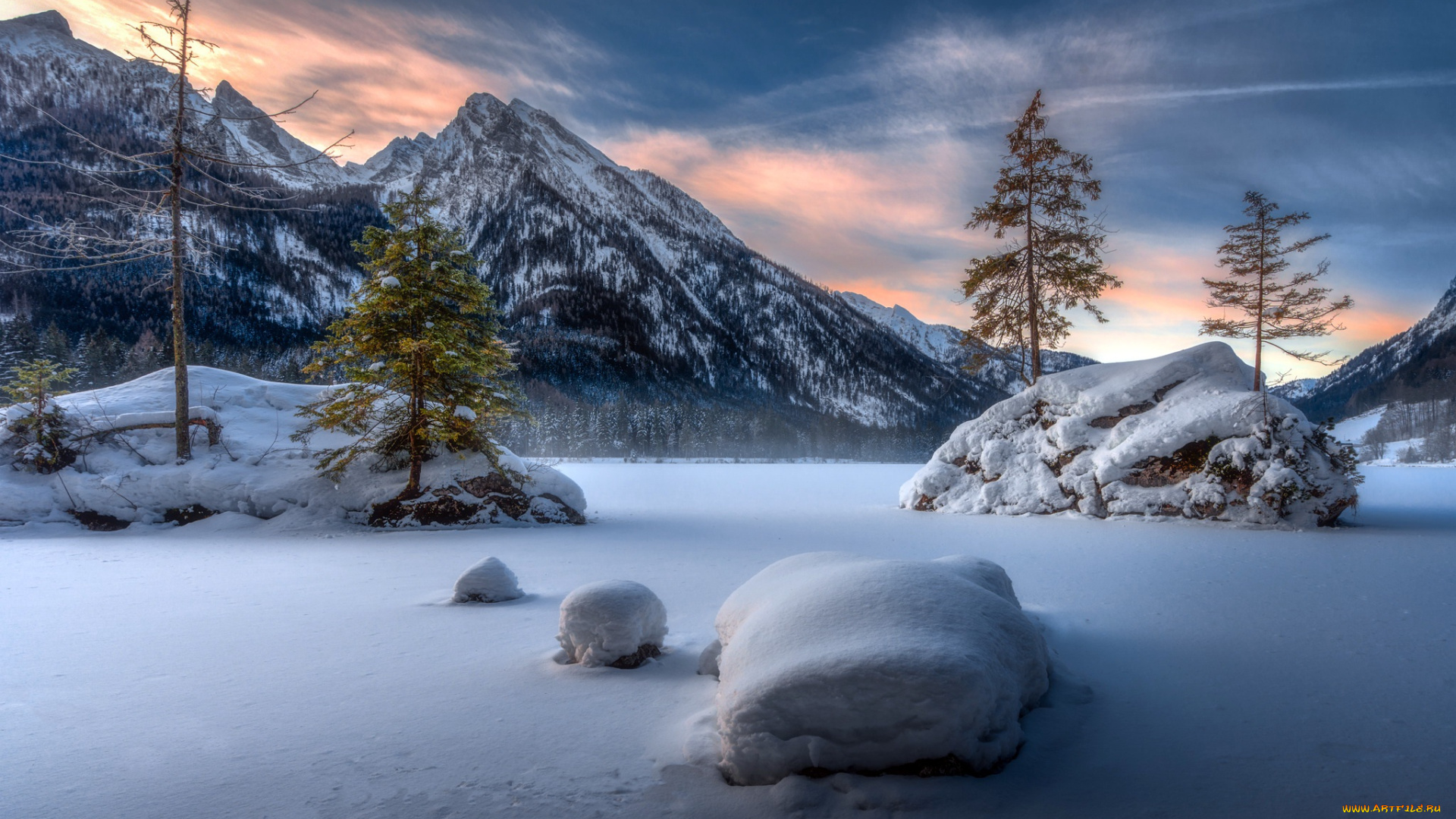 природа, горы, covered, with, snow, germany, lake, hintersee, bavaria