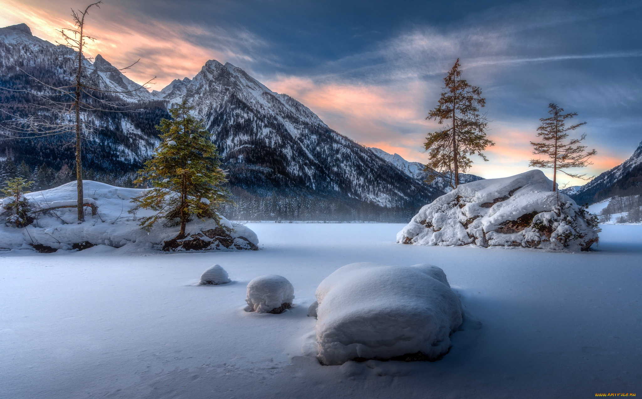 природа, горы, covered, with, snow, germany, lake, hintersee, bavaria