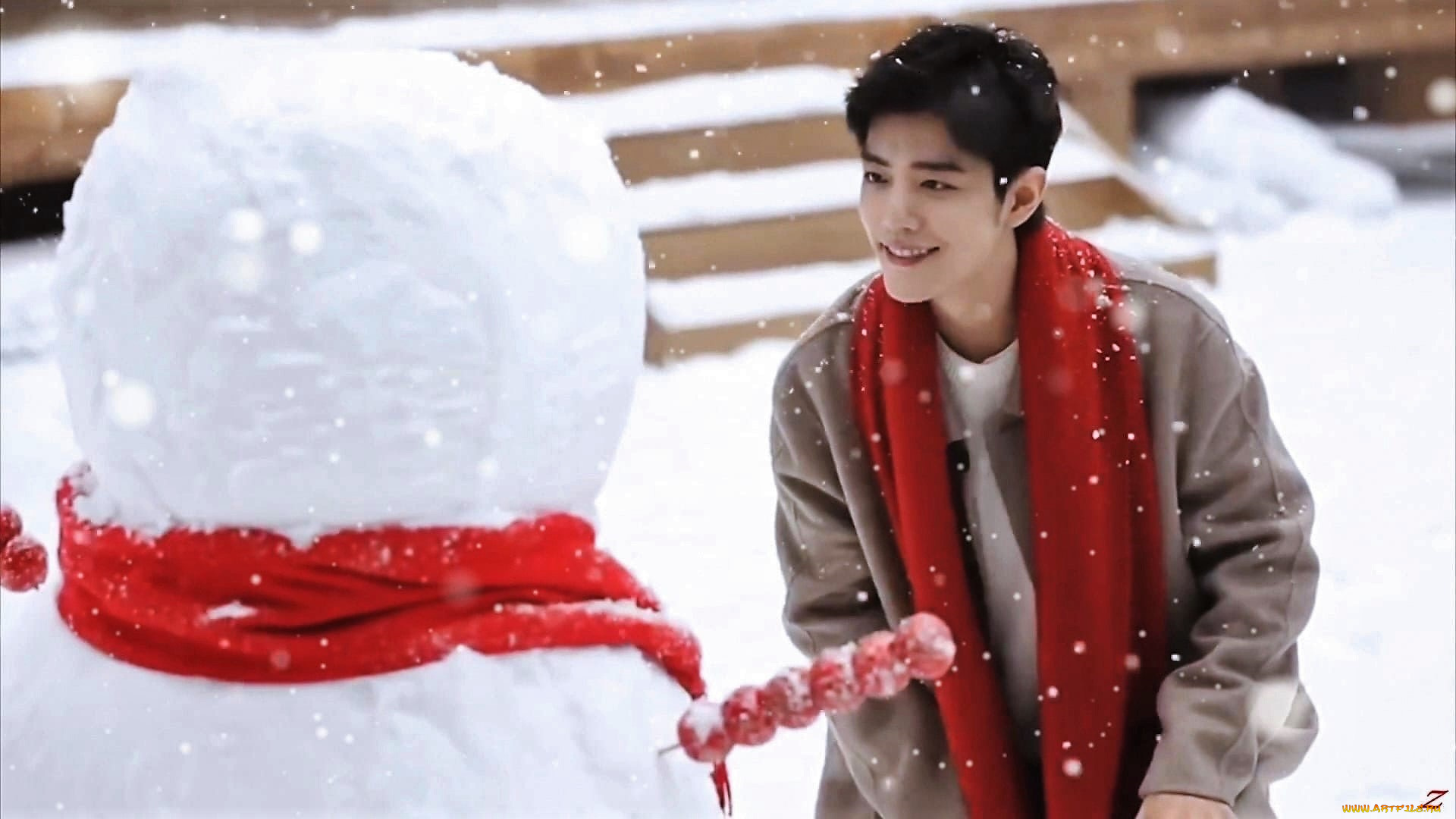 мужчины, xiao, zhan, актер, пальто, шарф, снег, снеговик