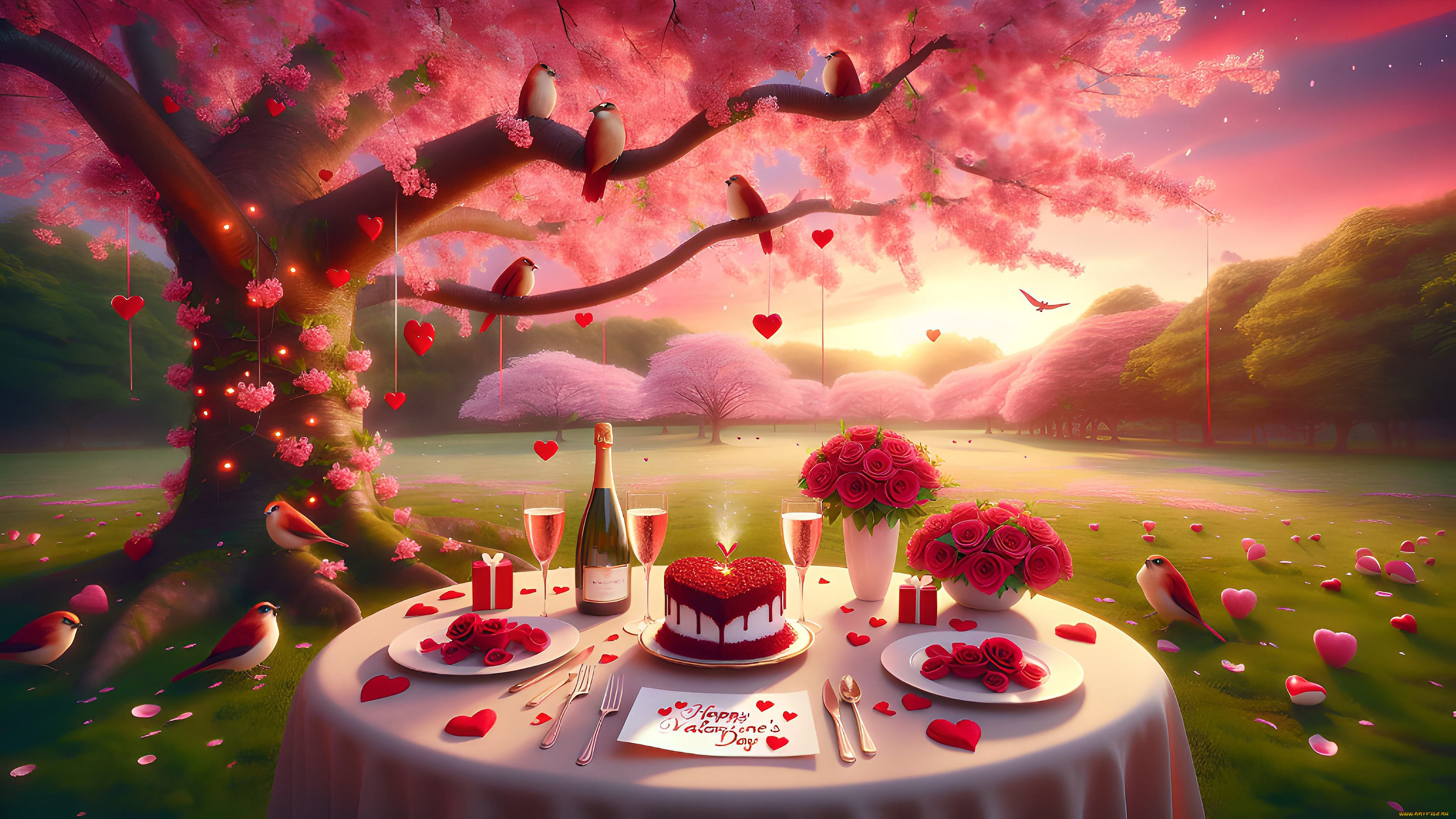 праздничные, день, святого, валентина, , сердечки, , любовь, любовь, птицы, природа, стол, праздник, вино, поляна, сердце, розы, весна, торт, цветение, день, святого, валентина, ии-арт, нейросеть