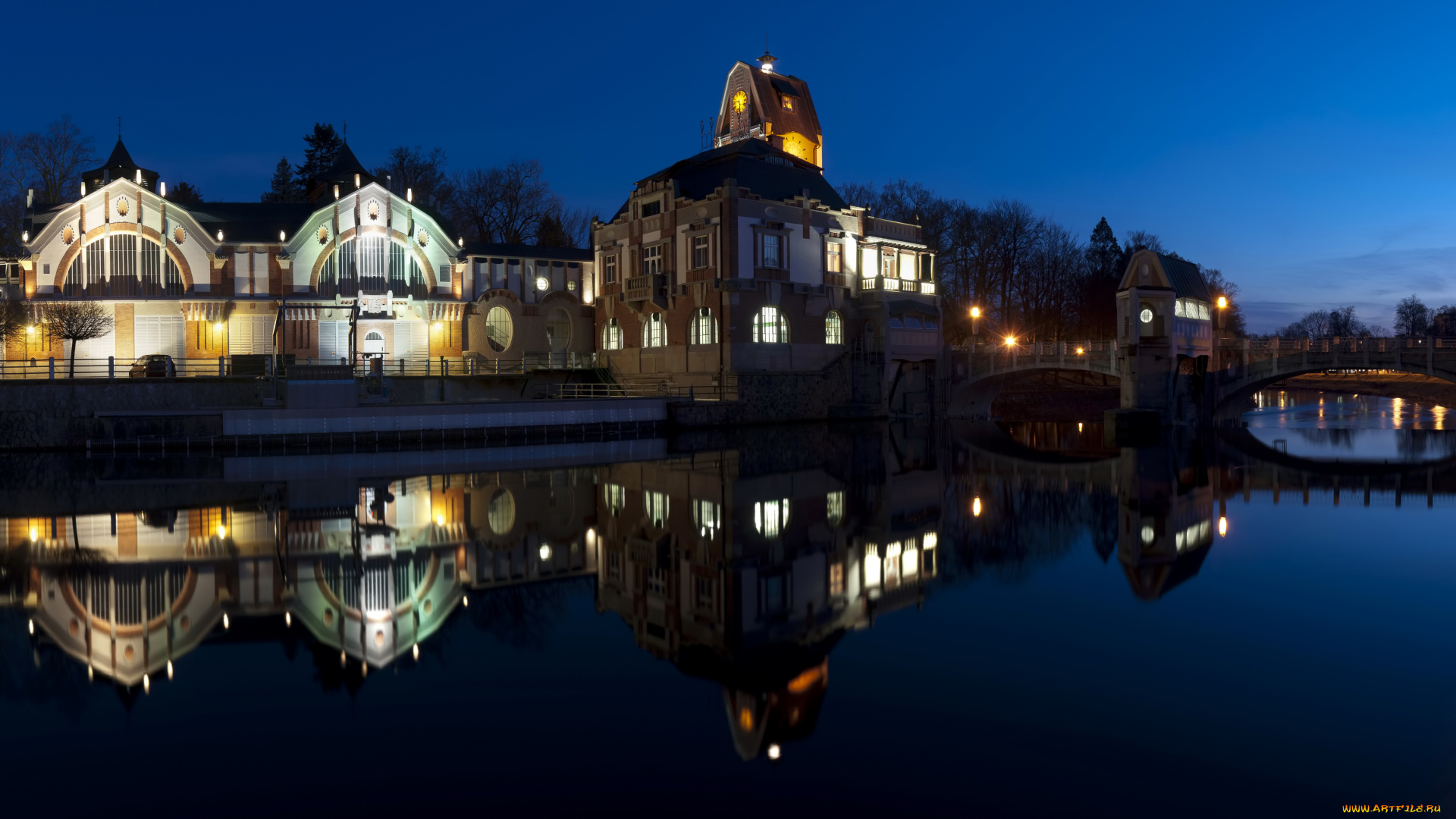 hradec, krаlovе, Чехия, города, огни, ночного, ночь, дома, река