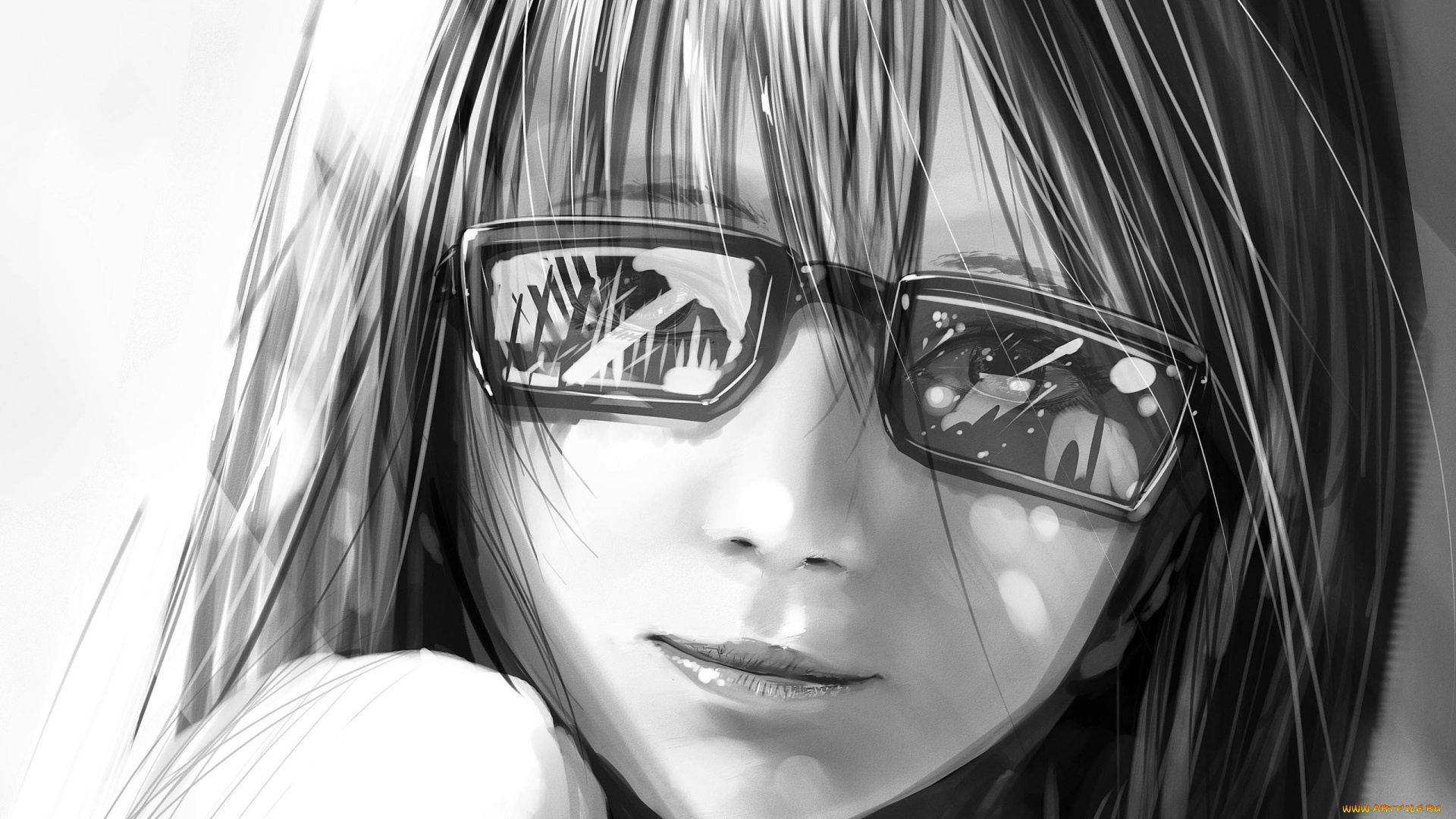аниме, *unknown, , другое, лицо, очки, рисунок, чёрно-белый, девушка