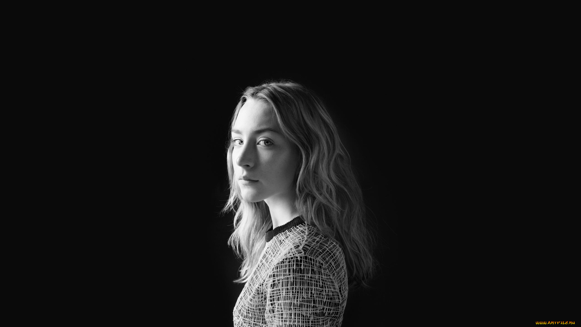 девушки, saoirse, ronan, черно-белая, свитер, saorise, ronan, взгляд, актриса, полуанфас