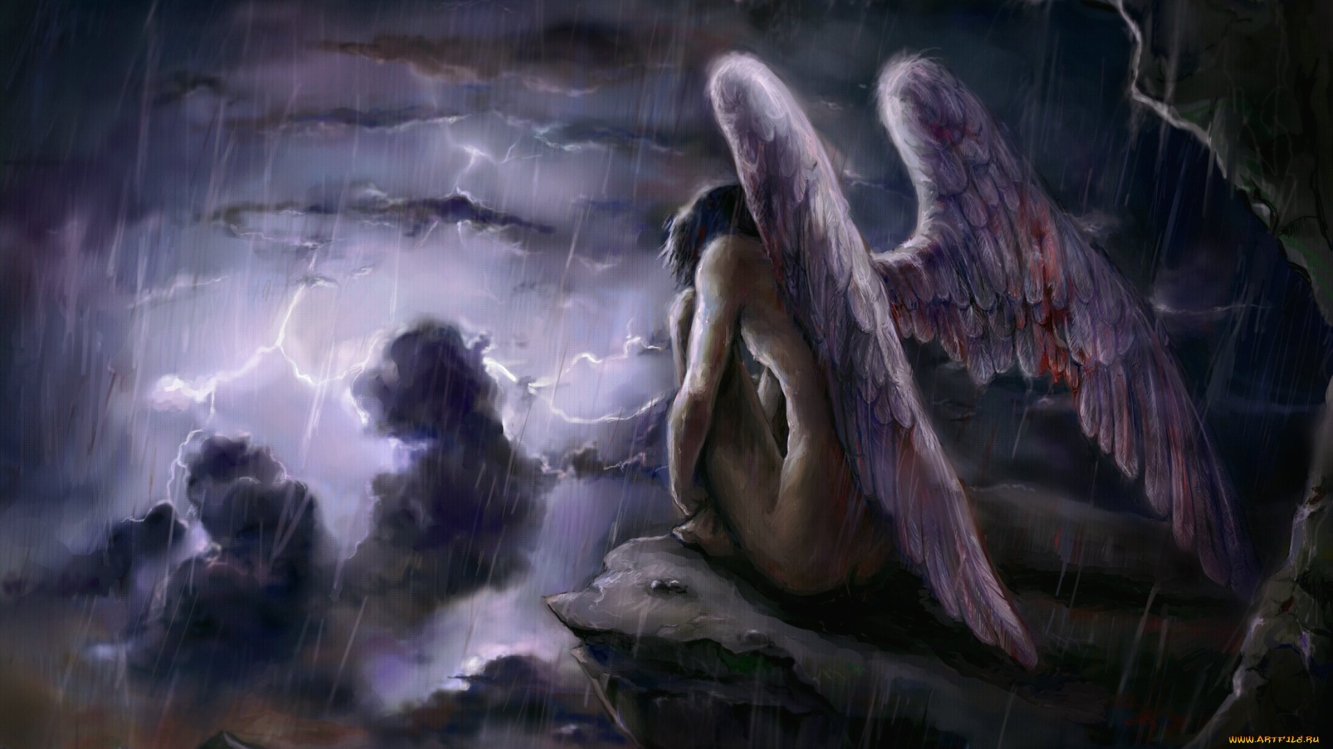 фэнтези, ангелы, ливень, парень, крылья, падший, ангел, арт, молния, облака, небо, фантастика