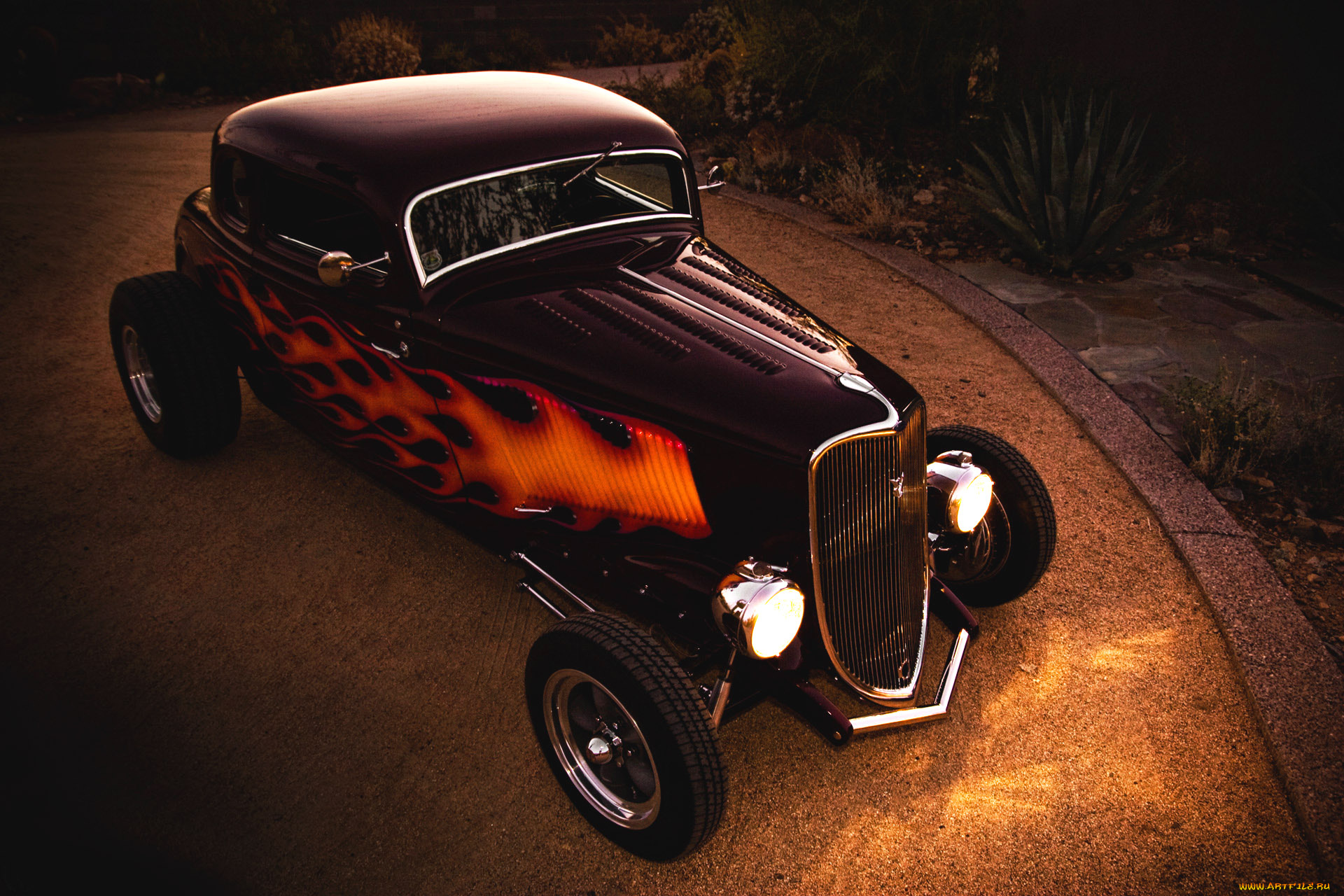 ford, coupe, 1933, hot-rod, автомобили, hotrod, dragster, хот-род, свет, ночь, купе, форд, 1933, hot-rod, coupe, ford, пламя