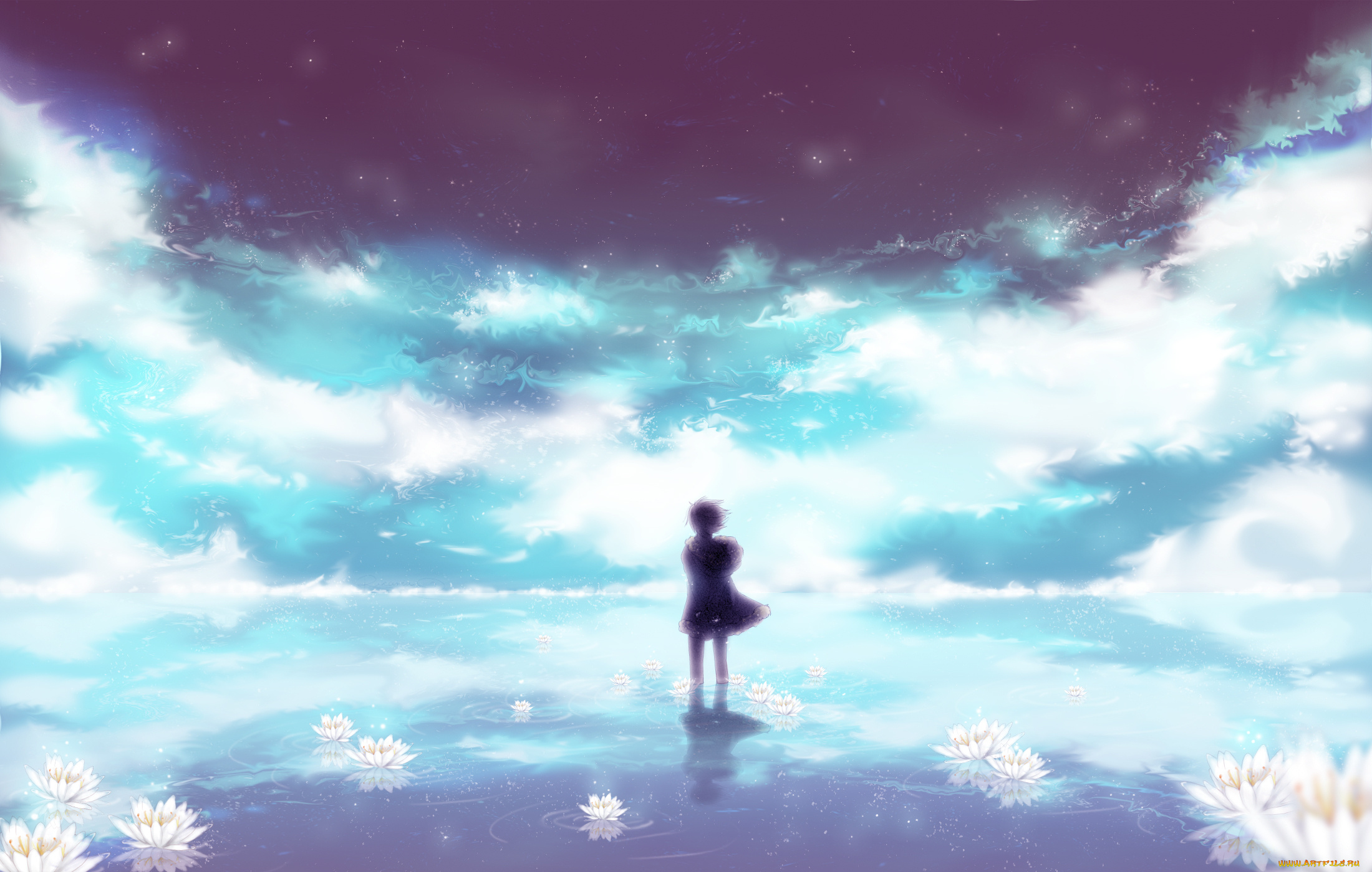 аниме, dyurarara, небо, силуэт, парень, орихара, изая, звёзды, облака, вода, цветы, водяные, лилии