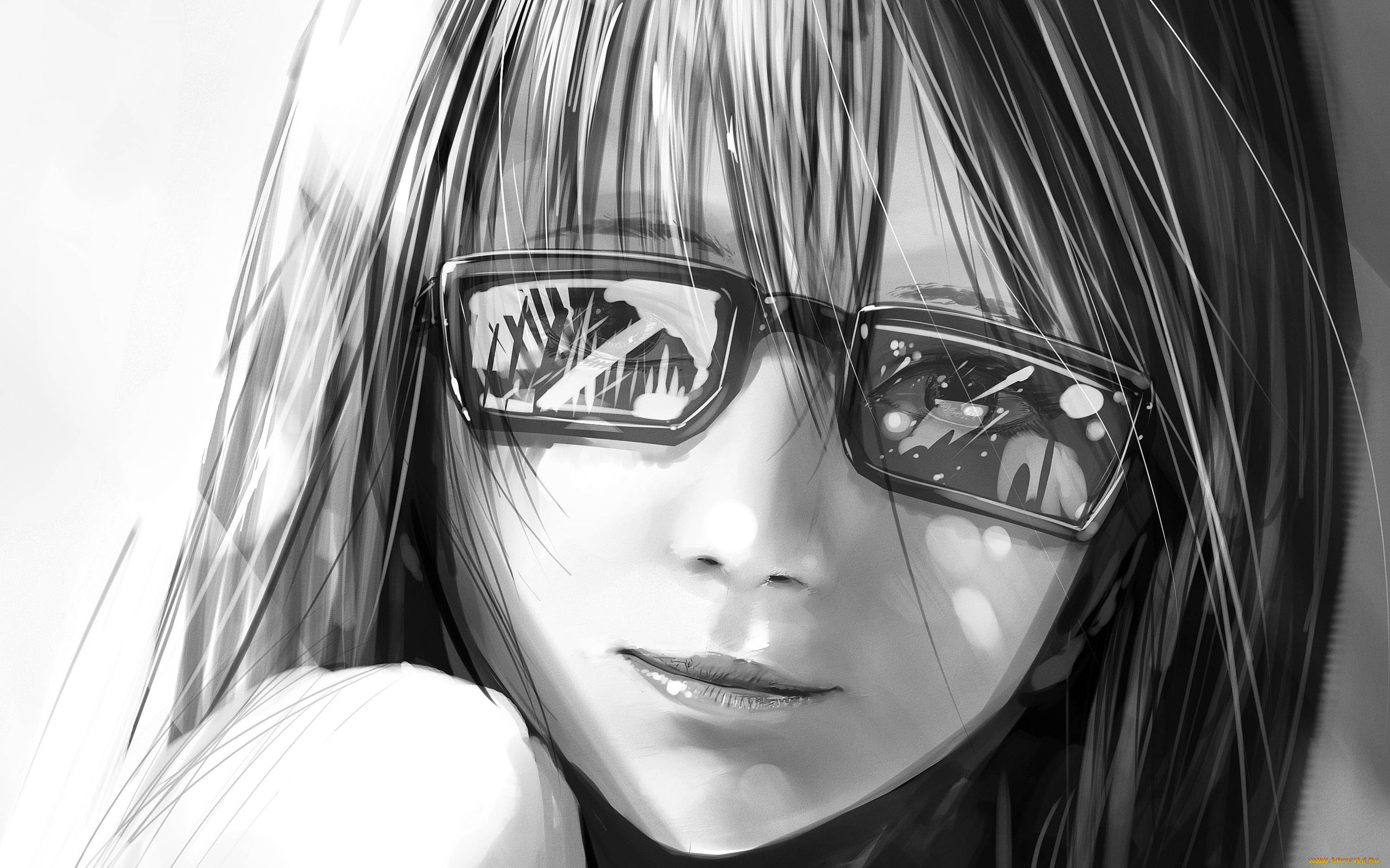 аниме, *unknown, , другое, лицо, очки, рисунок, чёрно-белый, девушка