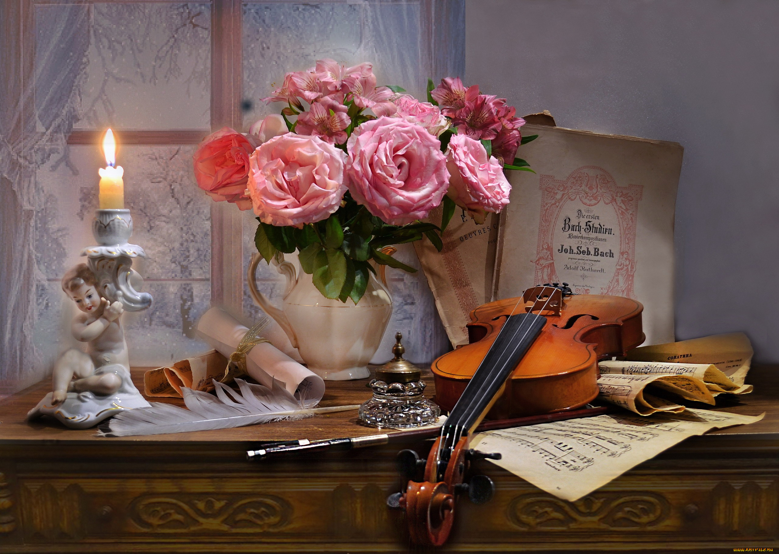 музыка, -музыкальные, инструменты, свеча, ноты, скрипка, розы, букет