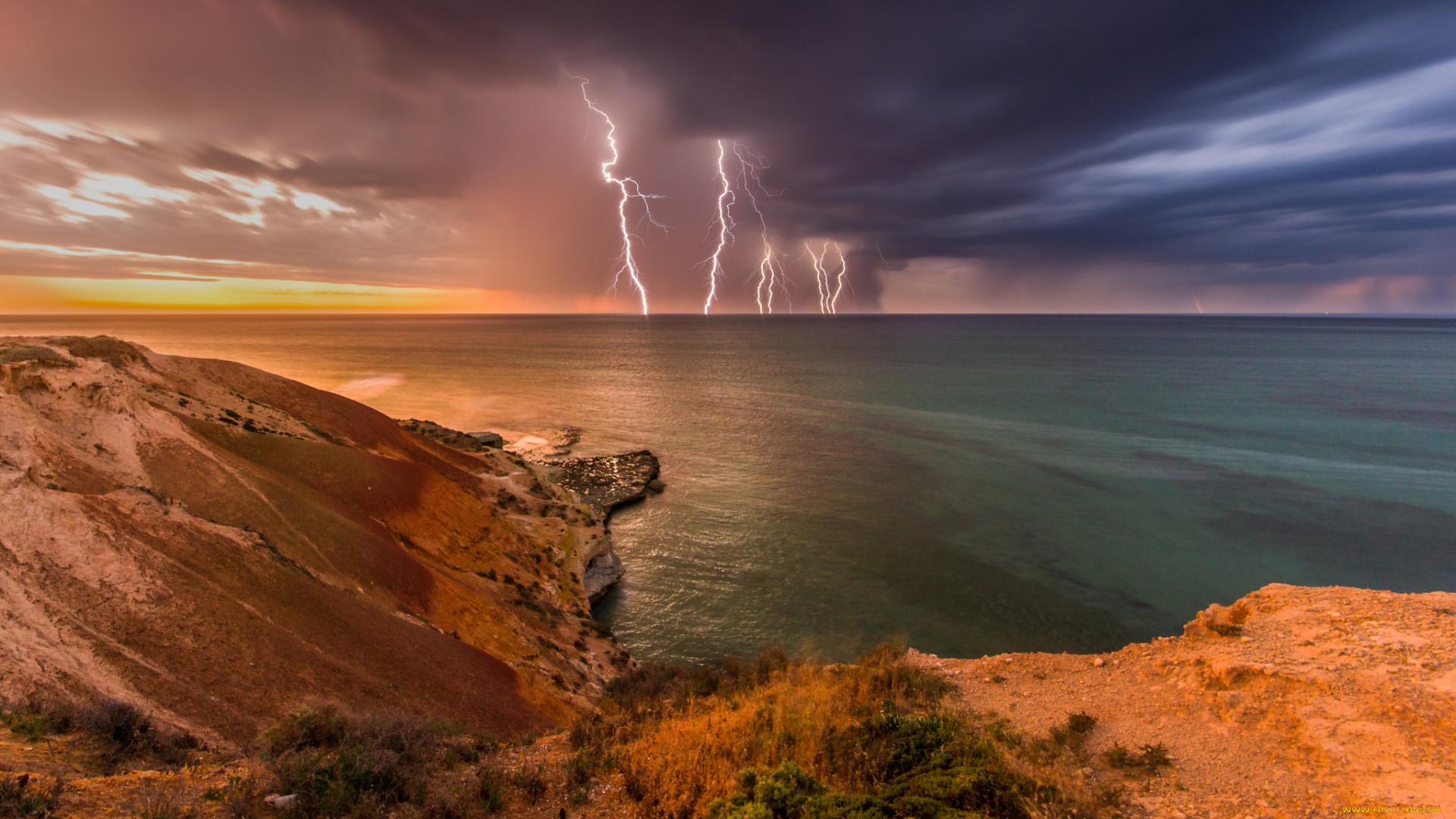 природа, молния, , гроза, скалы, волны, берег, австралия