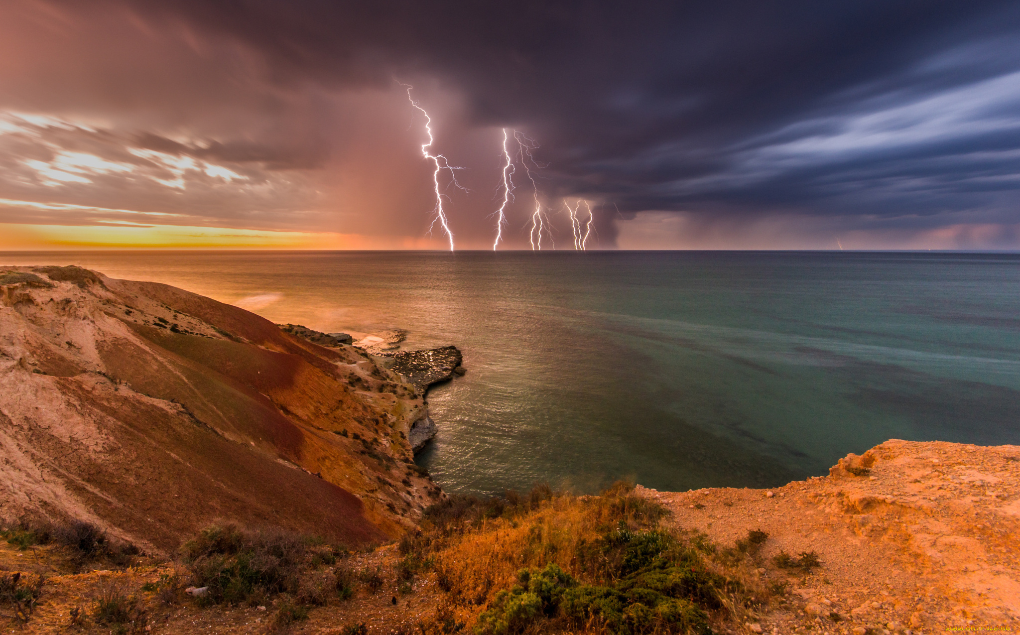 природа, молния, , гроза, скалы, волны, берег, австралия