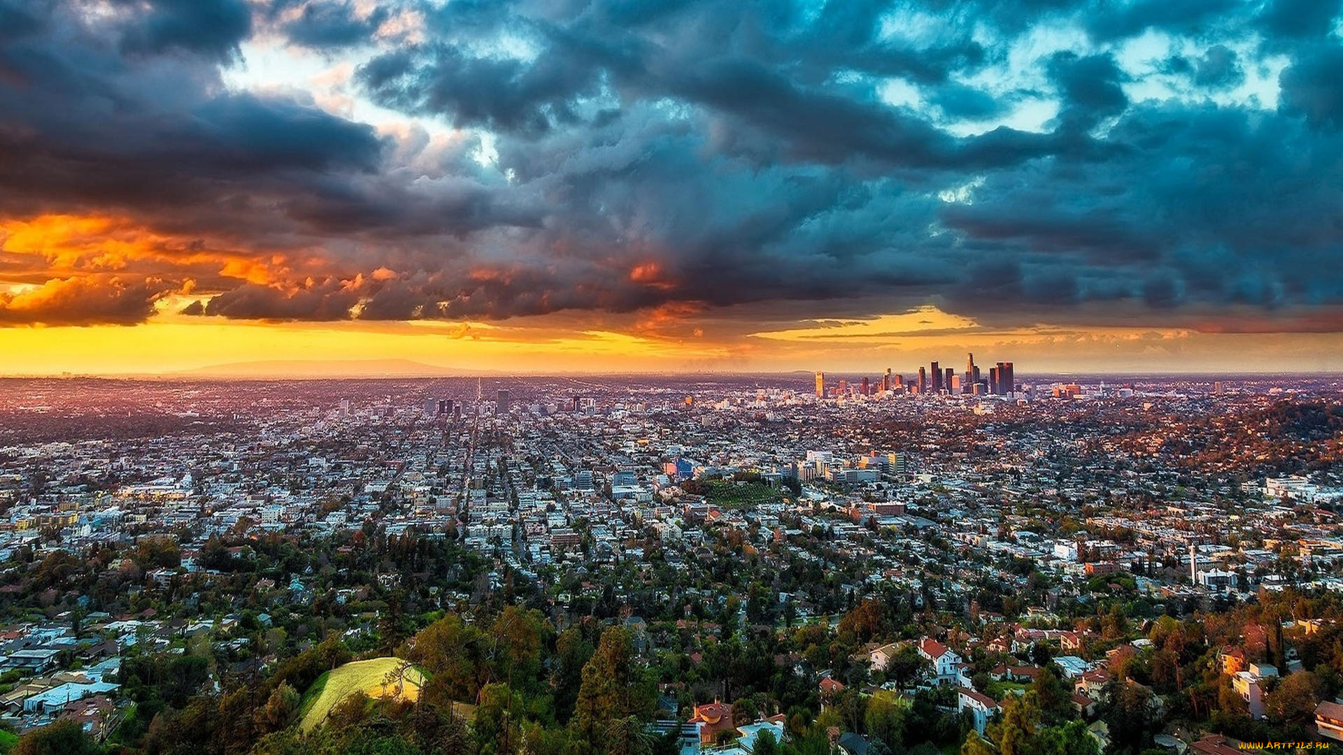 города, лос-анджелес, , сша, город, панорама, тучи, закат