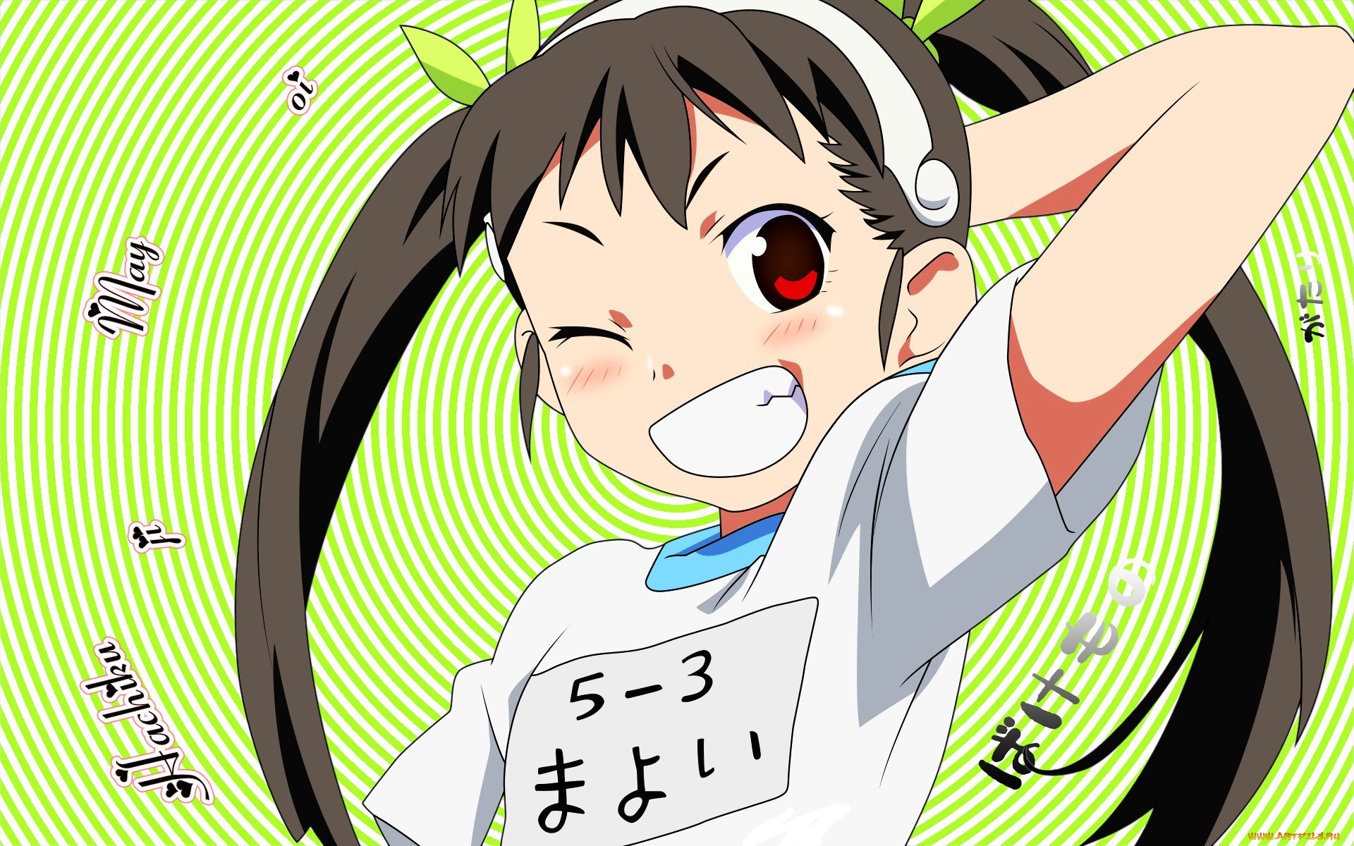 аниме, bakemonogatari, hachikuji, mayoi, девушка, форма, бант, надпись