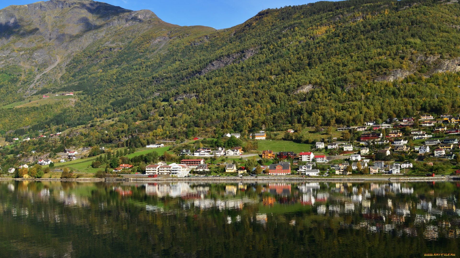 аурландсфьорд, норвегия, города, пейзажи, дома, озеро, горы