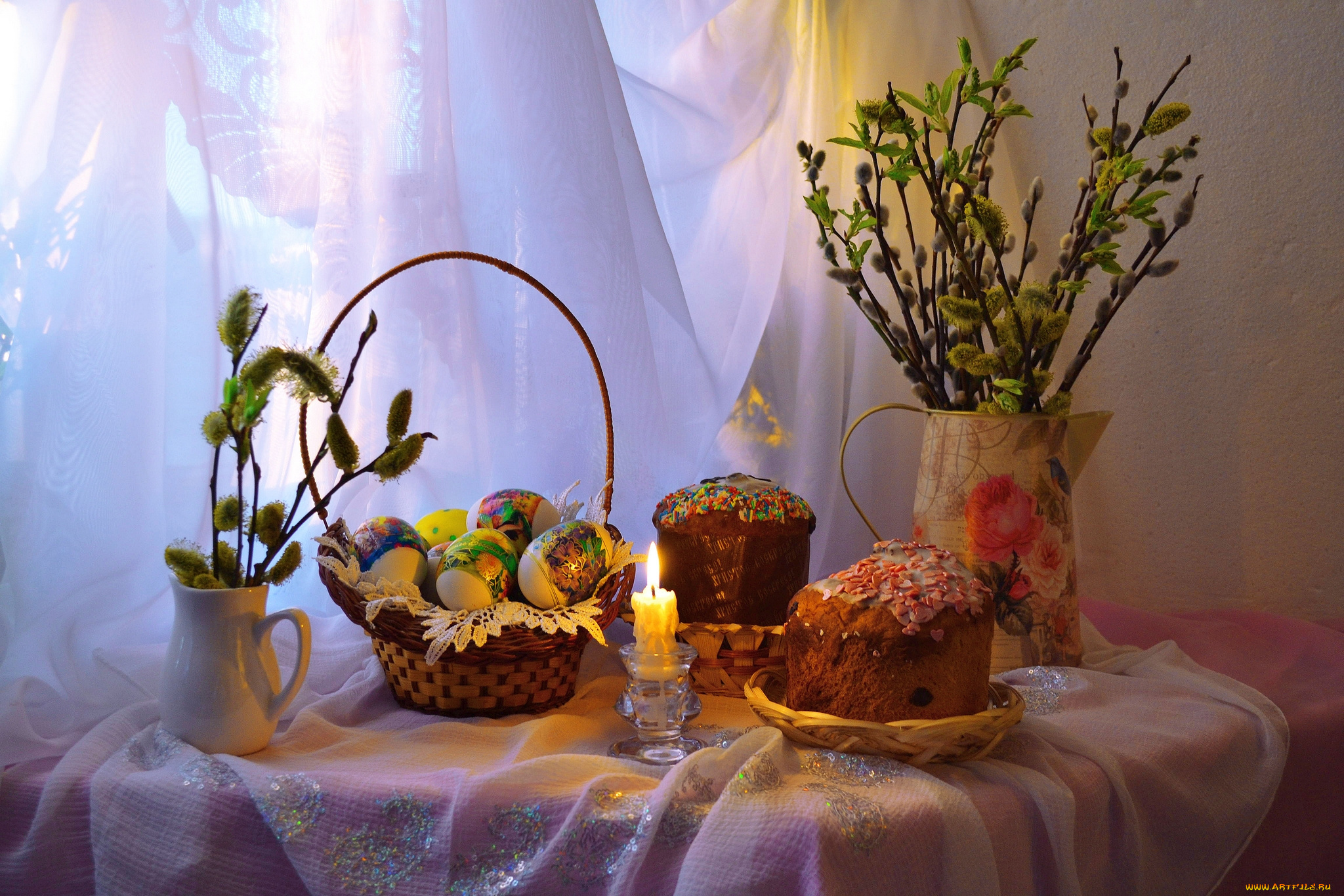 праздничные, пасха, яйца, свеча, верба, кулич, корзинка